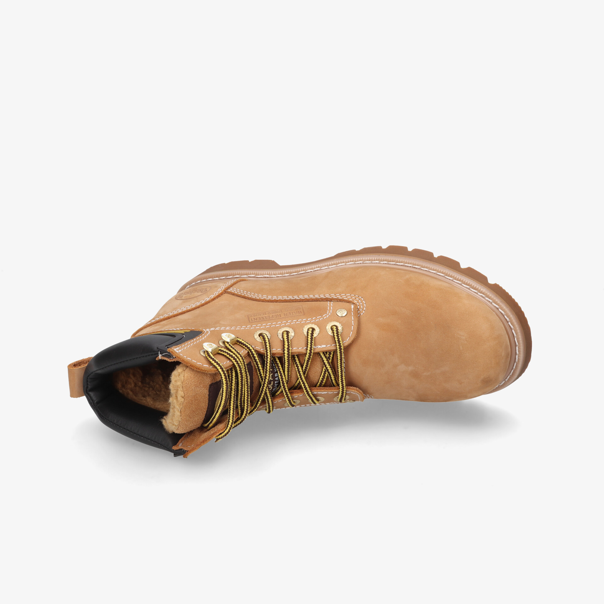 Beiger robuster Wanderstiefel mit gepolstertem Schaft und stabiler, rutschfester Sohle, seitliche Ansicht