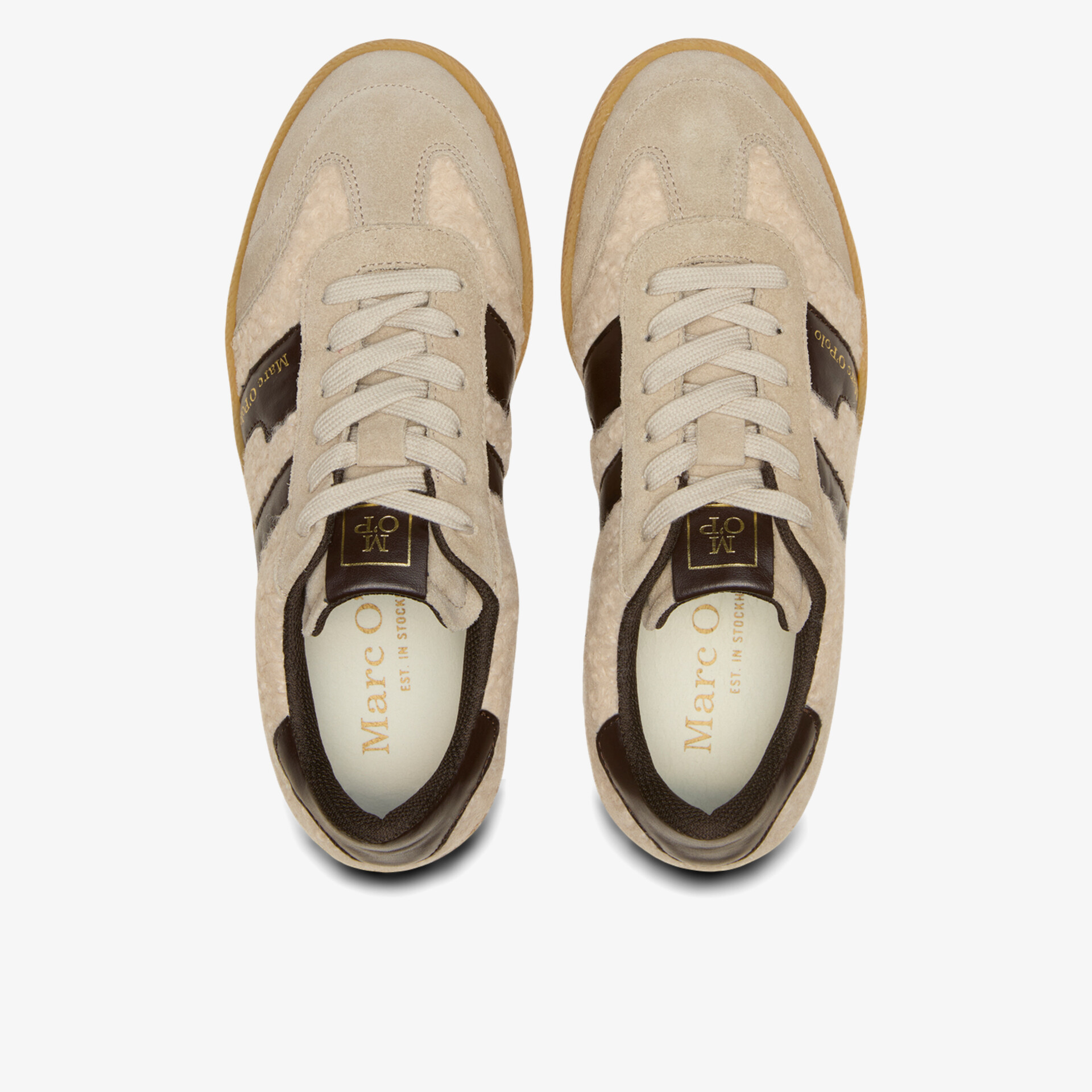 Bequeme Sneaker in Weiß und Braun mit Schnürung, robuster Sohle und modischem Design, Draufsicht Paar