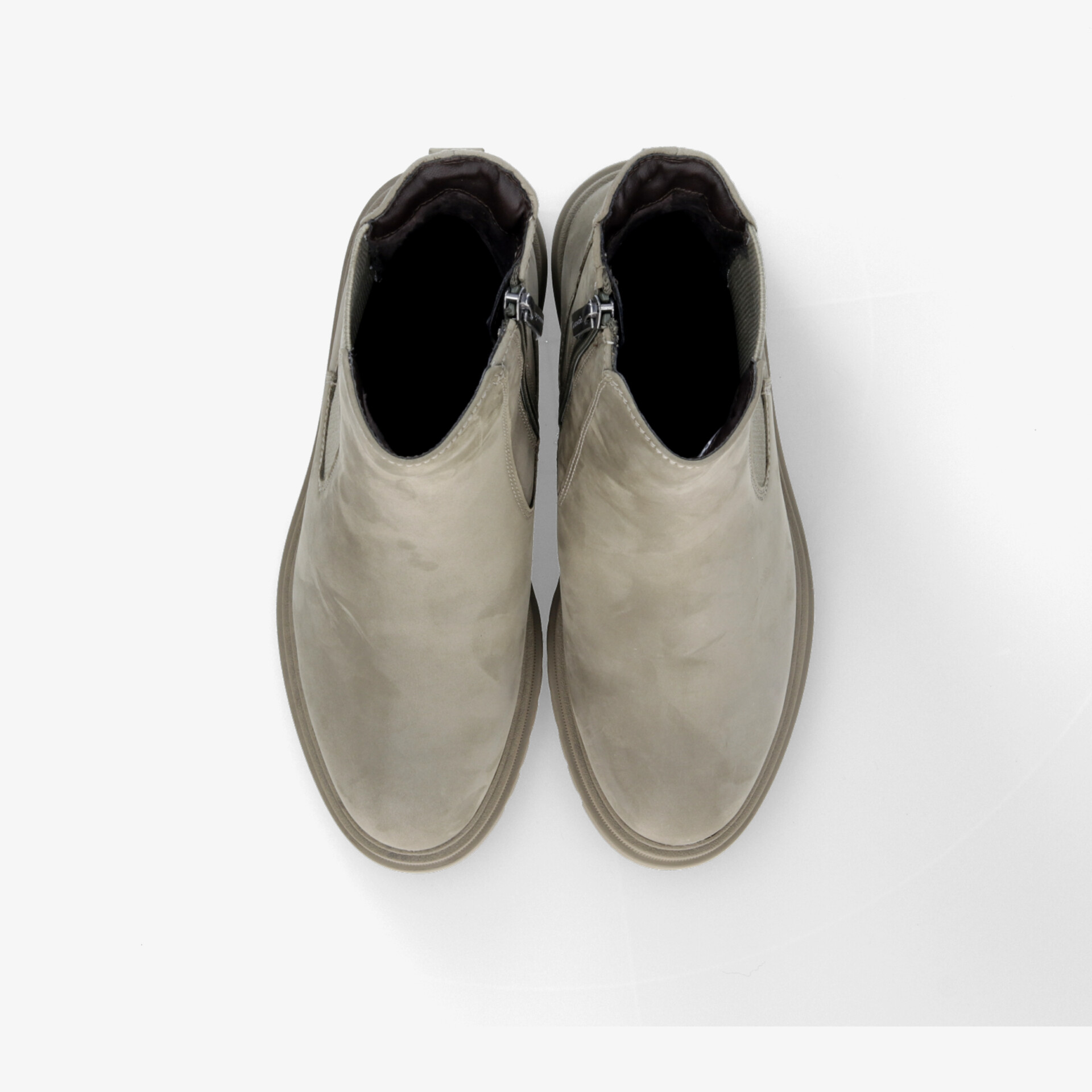 Graue Stiefeletten mit Reißverschluss, rundem Design und robustem, hochwertigem Material von oben fotografiert