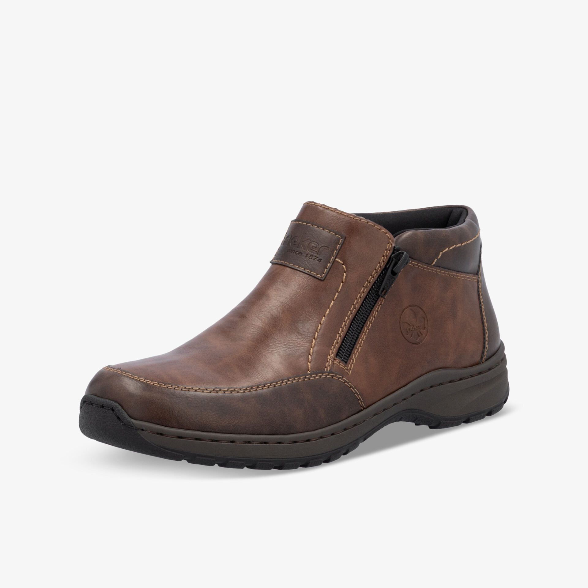 Brauner Leder Schuh seitliche Ansicht mit Reißverschluss, robust, flexibel und rutschfeste Sohle, sportlich und bequem