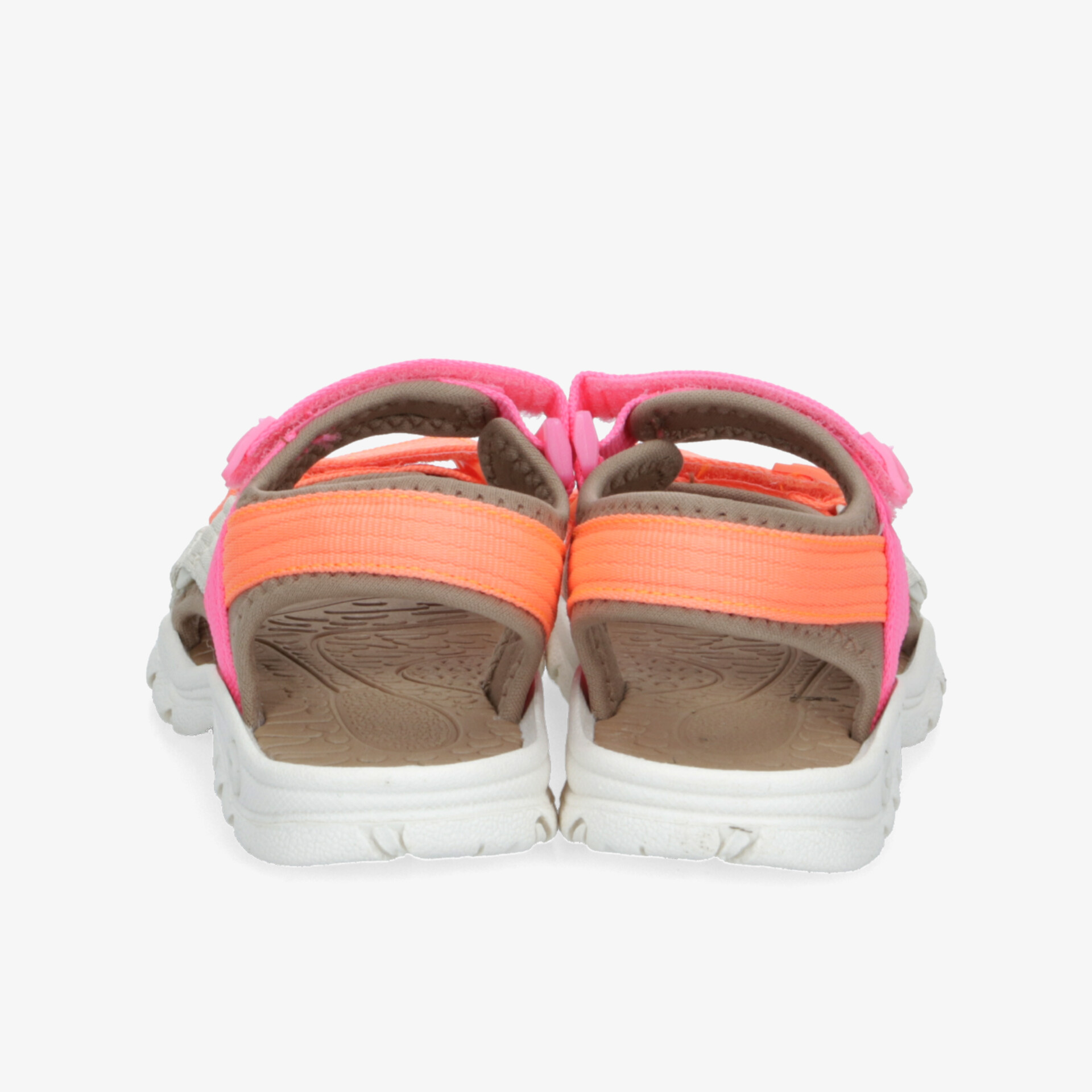 Sportliche offene Sandalen in Rosa und Orange mit gepolsterter Innensohle und praktischem Klettverschluss, Rückansicht
