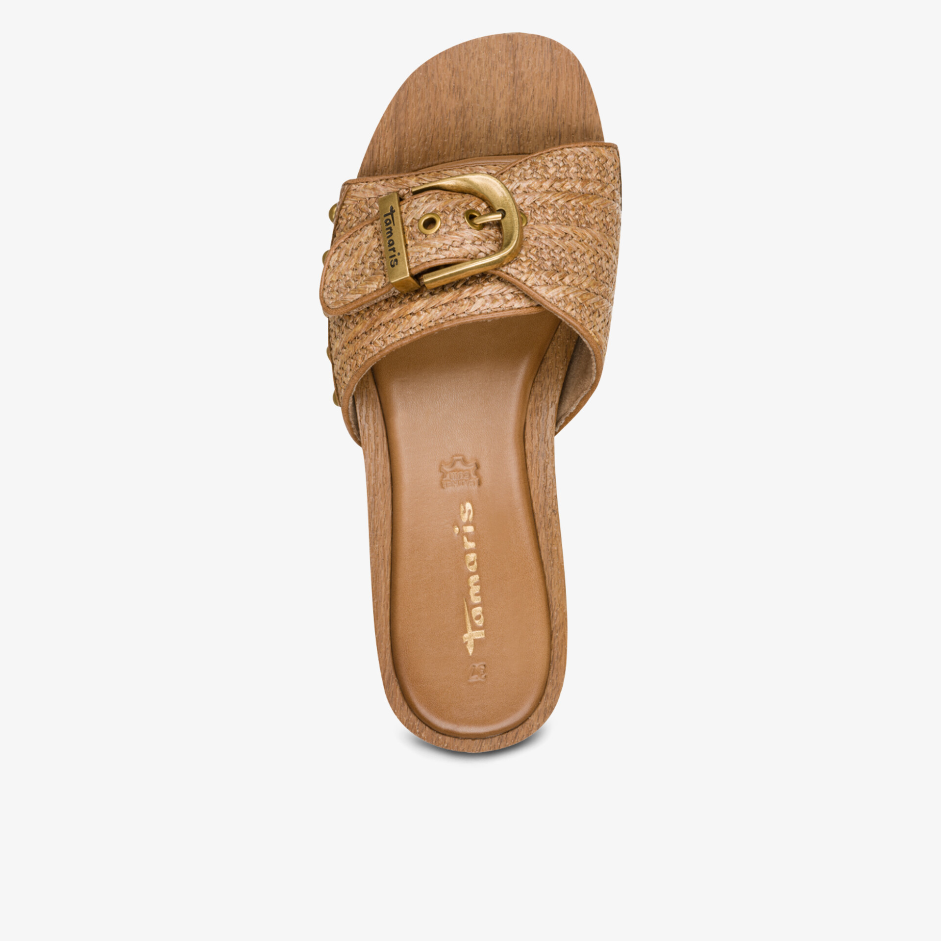 Bequeme Sandale mit geflochtenem Riemen und dekorativer Schnalle in natürlicher Farbe, ideal für den Sommer