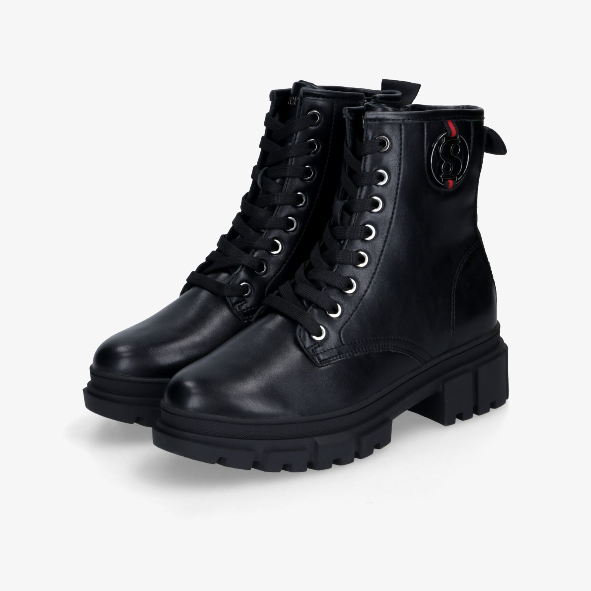 Schwarze robuste Schnürstiefel mit profilierter Sohle und hohem Schaft, modisch und bequem