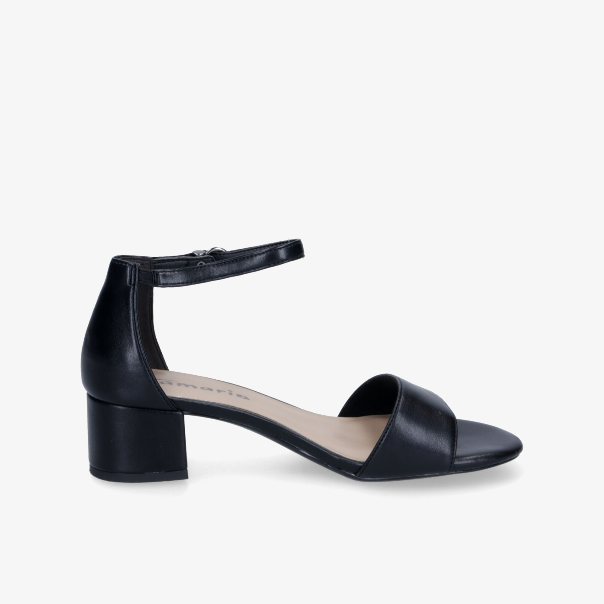 Schwarzer eleganter Sandalenschuh mit mittelhohem Absatz und verstellbarem Knöchelriemen bequem und modisch