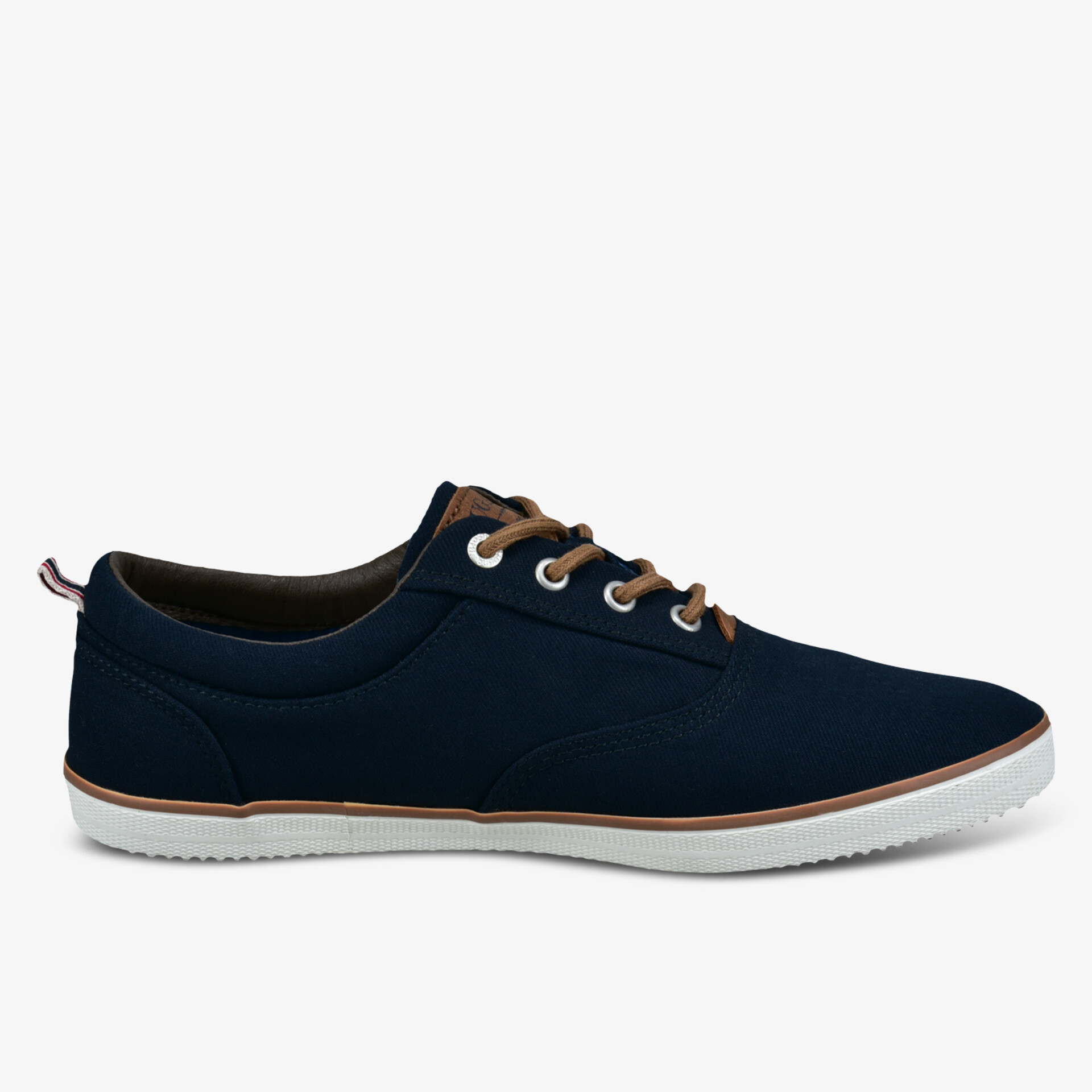 Klassische blaue Sneaker mit weißen Akzenten und braunen Schnürsenkeln für ein lässiges Styling.