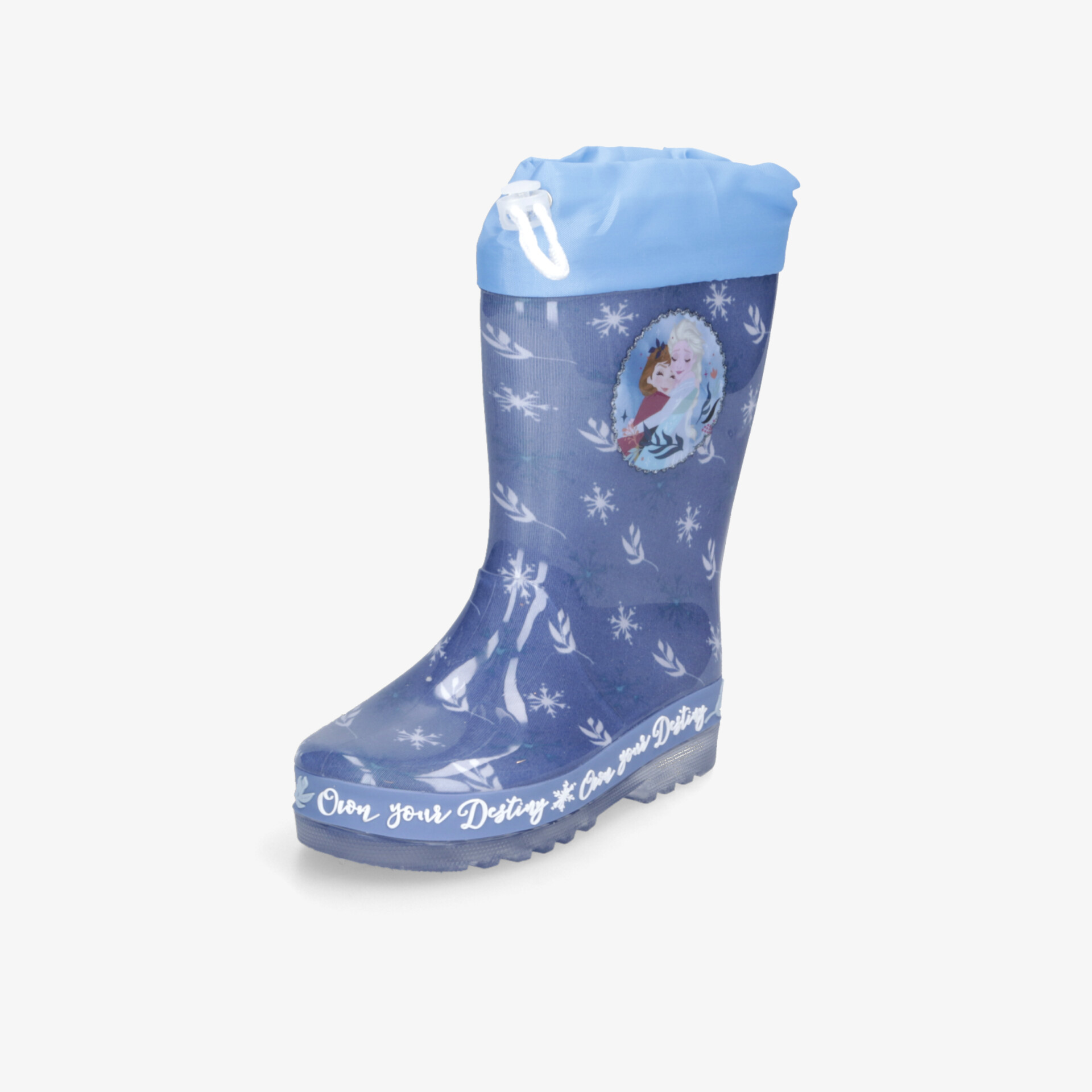 Blauer wasserdichter Gummistiefel mit warmem Innenfutter und schneebezogenem Motiv, rutschfeste Sohle.
