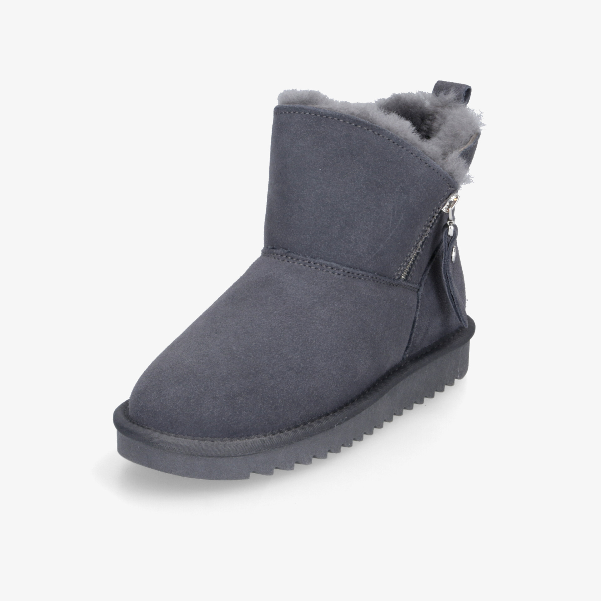 Warmer grauer Winterstiefel mit weicher Innenfütterung, stabilem Profil und praktischem Reißverschluss