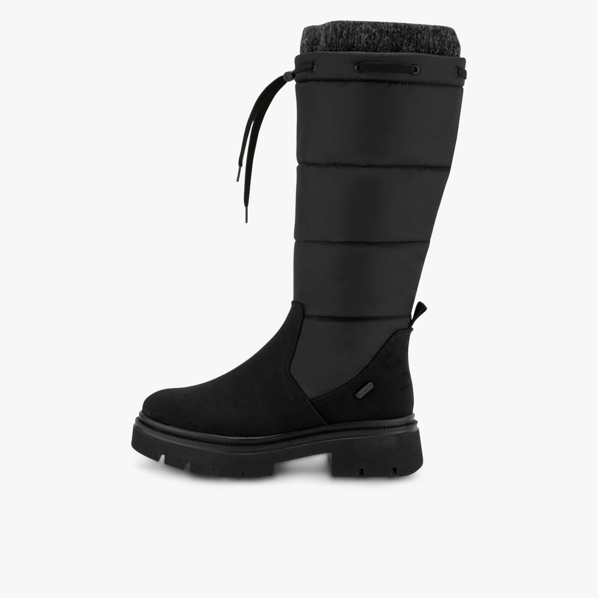 Schwarzer Winterstiefel mit hohem Schaft und rutschfester Sohle für sicheren Halt bei kaltem Wetter