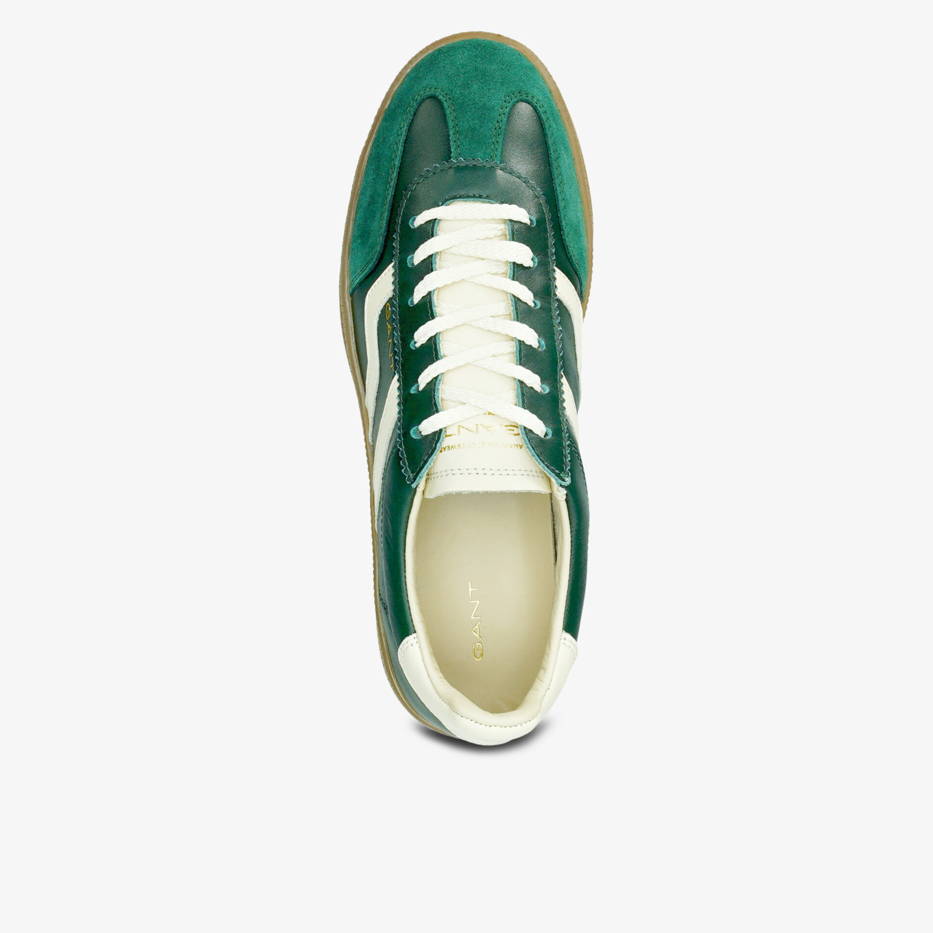 Grün-weißer Sneaker mit komfortabler Schnürung und modernem sportlichen Design aus der Vogelperspektive