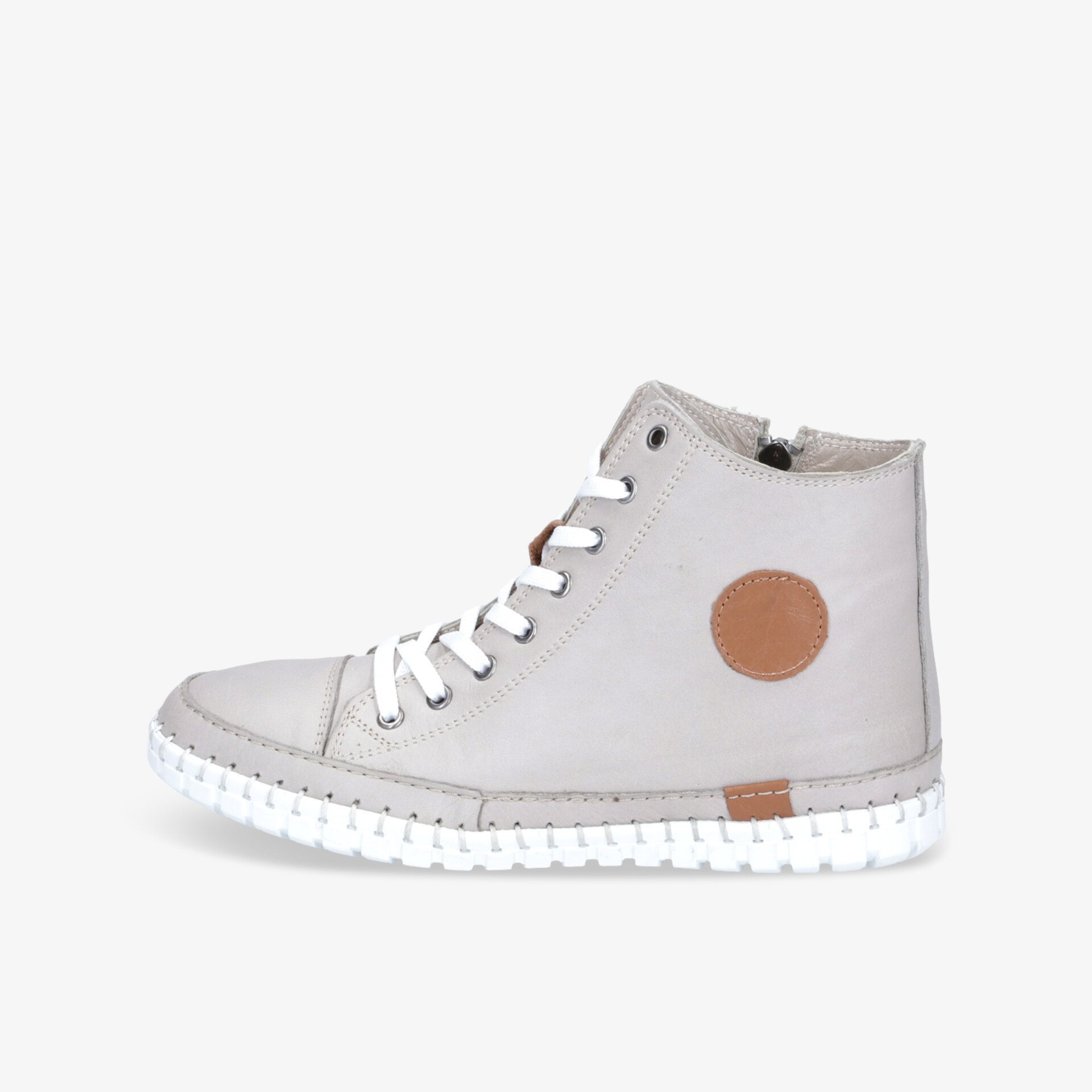 Robuster grauer Lederstiefel mit weißer rutschfester Sohle und praktischem Reißverschluss seitlich