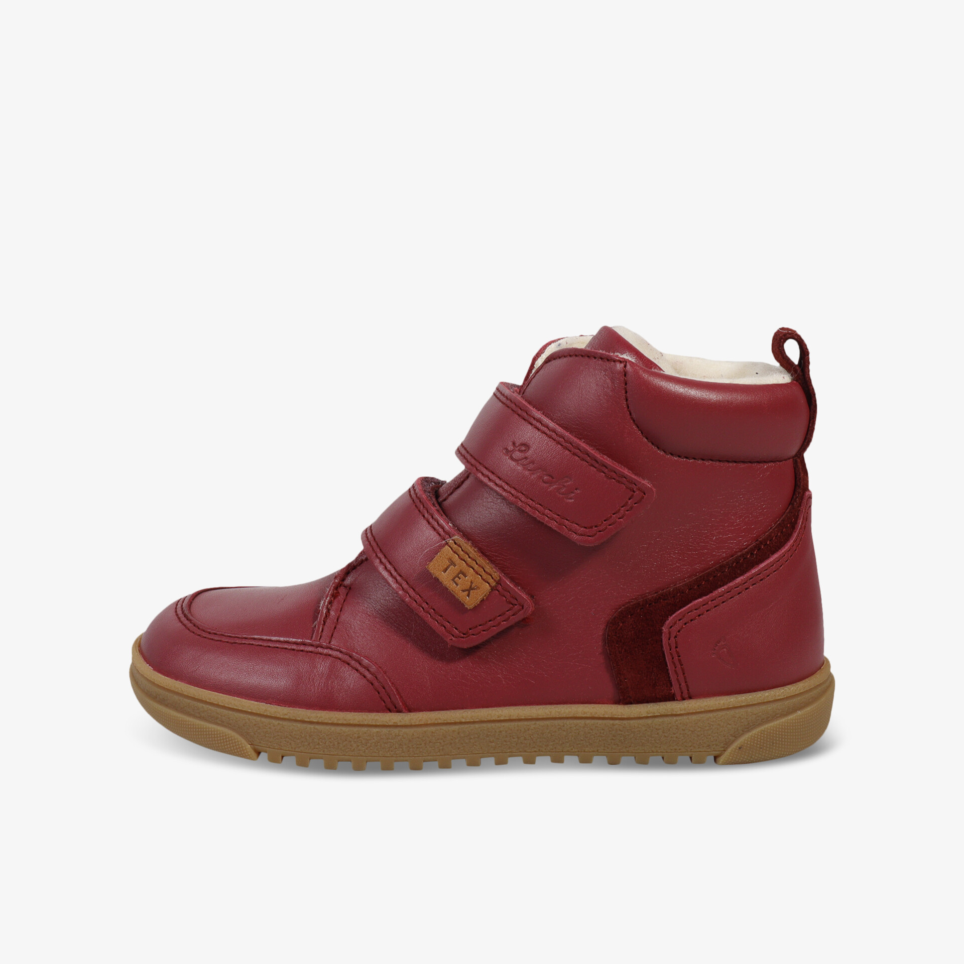 Warmer, robuster Schuh in Rot mit verstellbaren Klettverschlüssen und rutschfester Sohle für besten Komfort.