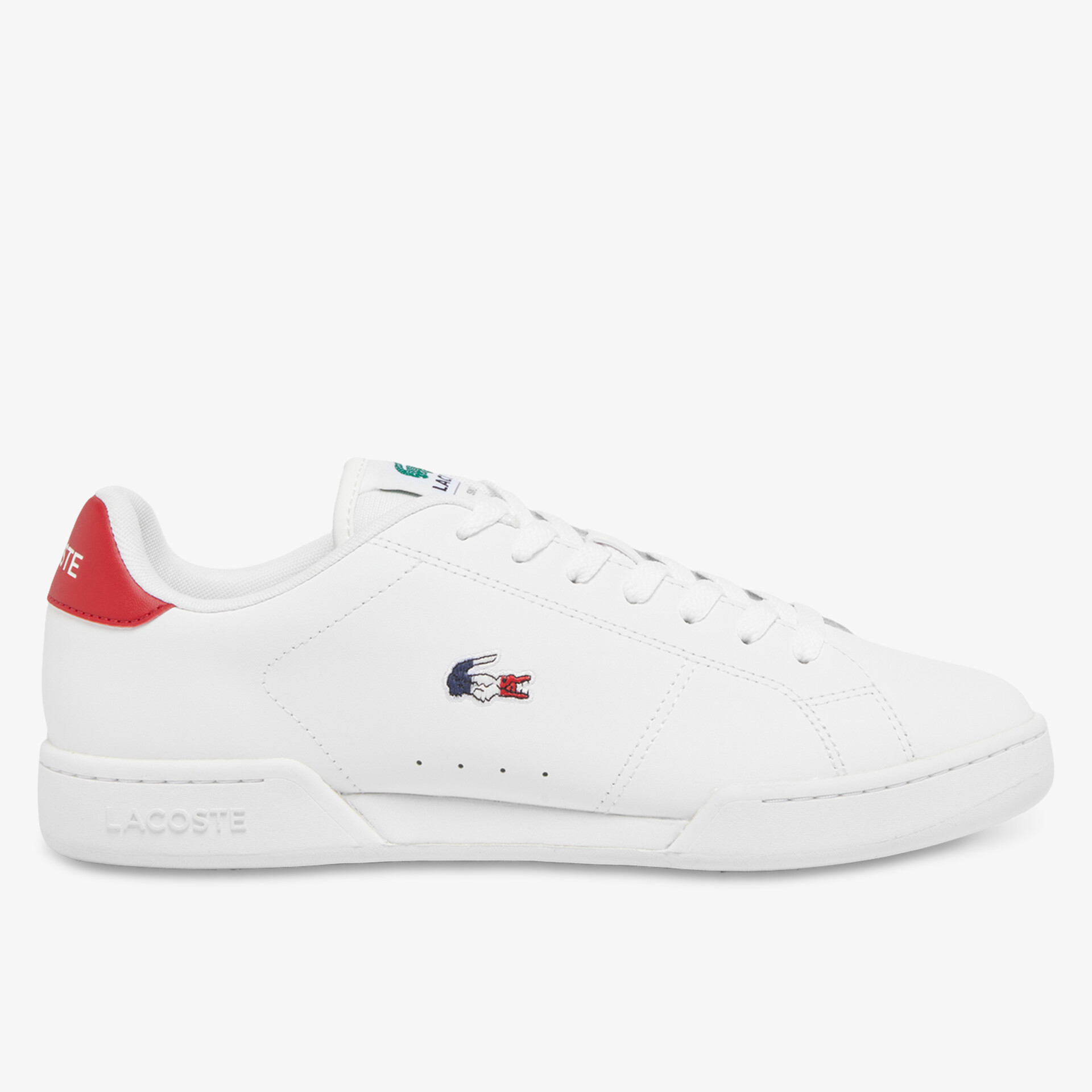 Weißer Sneaker seitliche Ansicht mit rotem Fersendetail und perforiertem Design für sportlichen Komfort