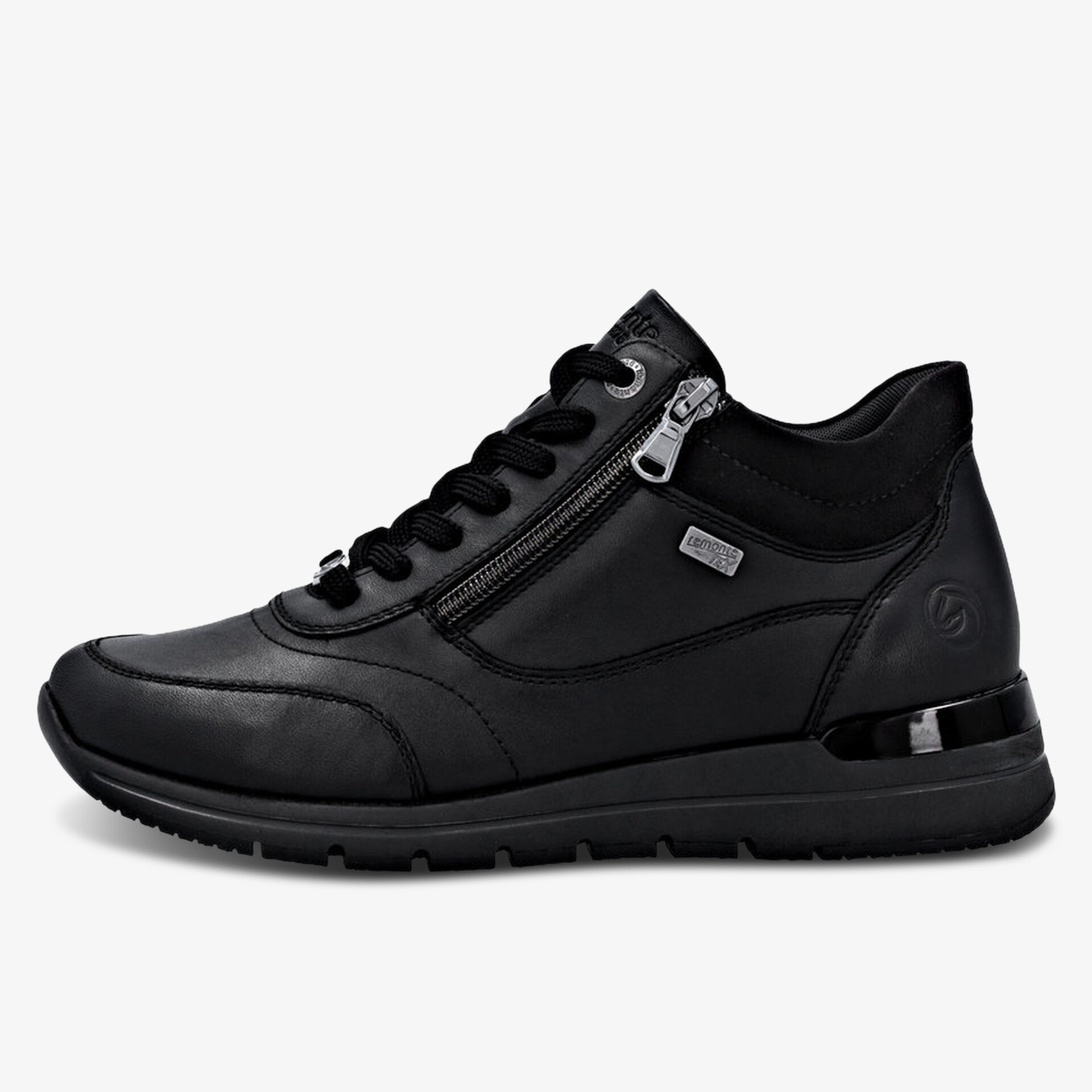 Schwarzer bequemer Sneaker mit Leder, Reißverschluss und Schnürung, seitliche Ansicht, flexible Laufsohle