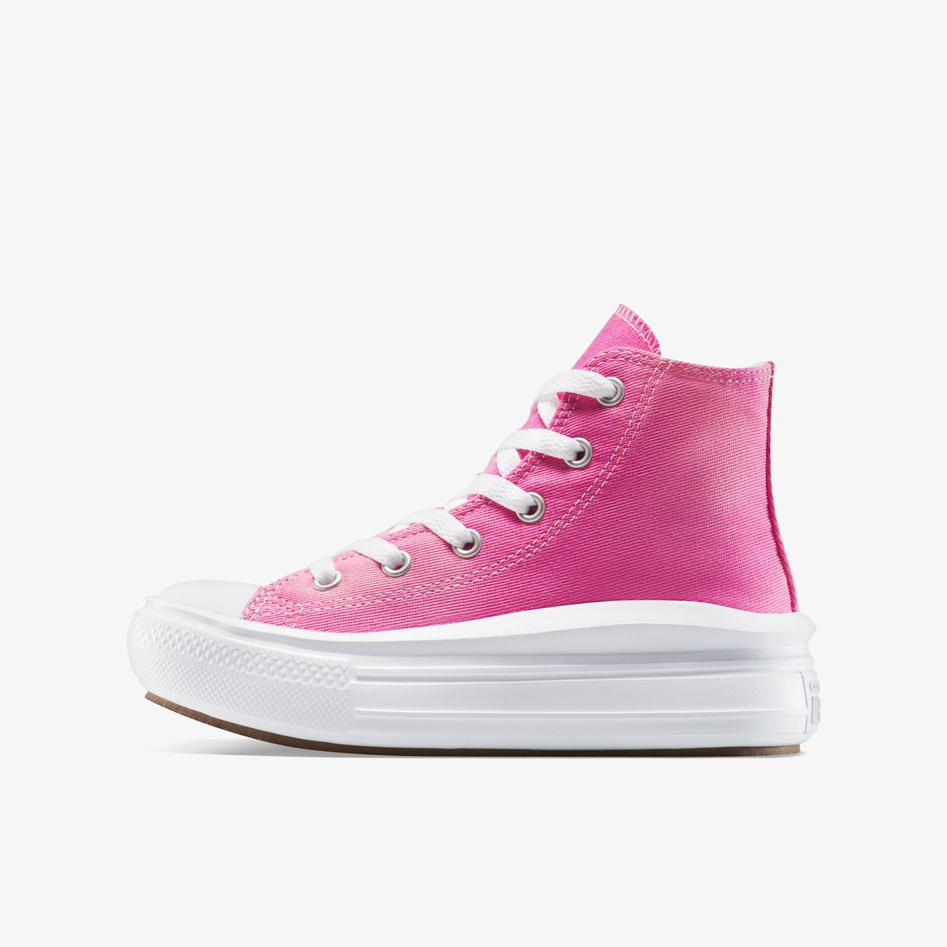 Robuster pinkfarbener High-Top Sneaker mit weißer Sohle und Schnürung, bequemes und modisches Design seitlich gezeigt
