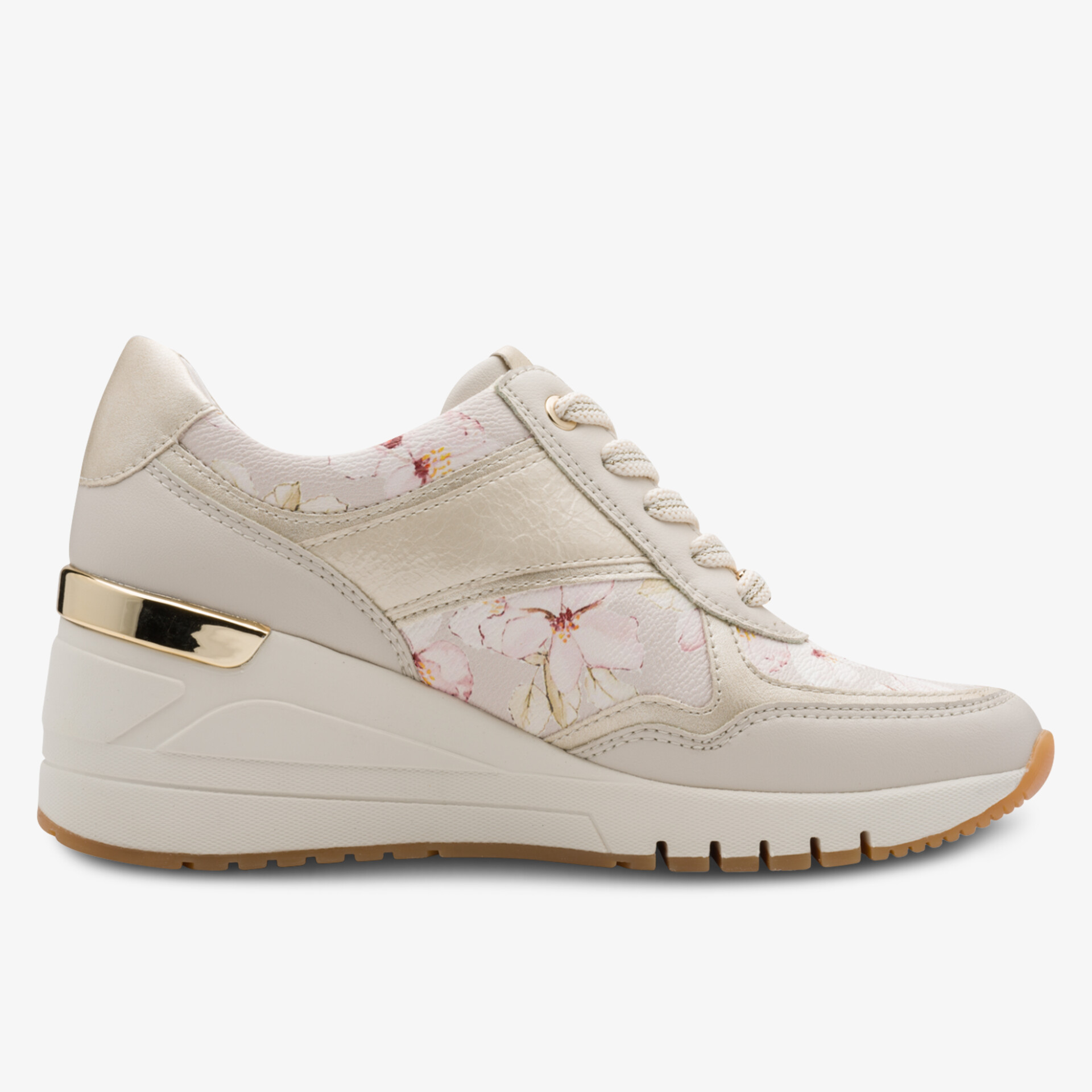 Bequemer Schuh mit modischem Design und goldfarbenem Detail, sportlicher Keilabsatz und dezenter Farbgebung