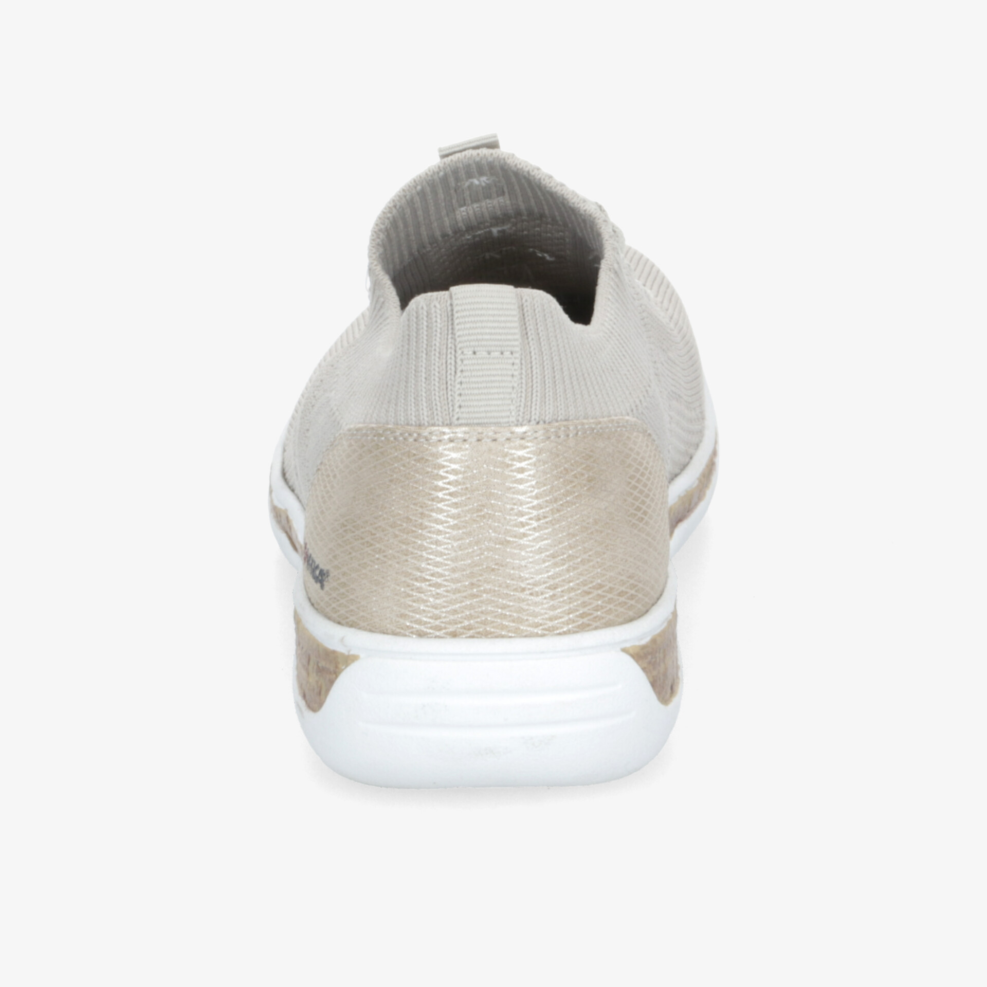 Schuh in eleganter Rückansicht mit rutschfester weißer Sohle, atmungsaktivem Obermaterial und komfortablem Fersenbereich