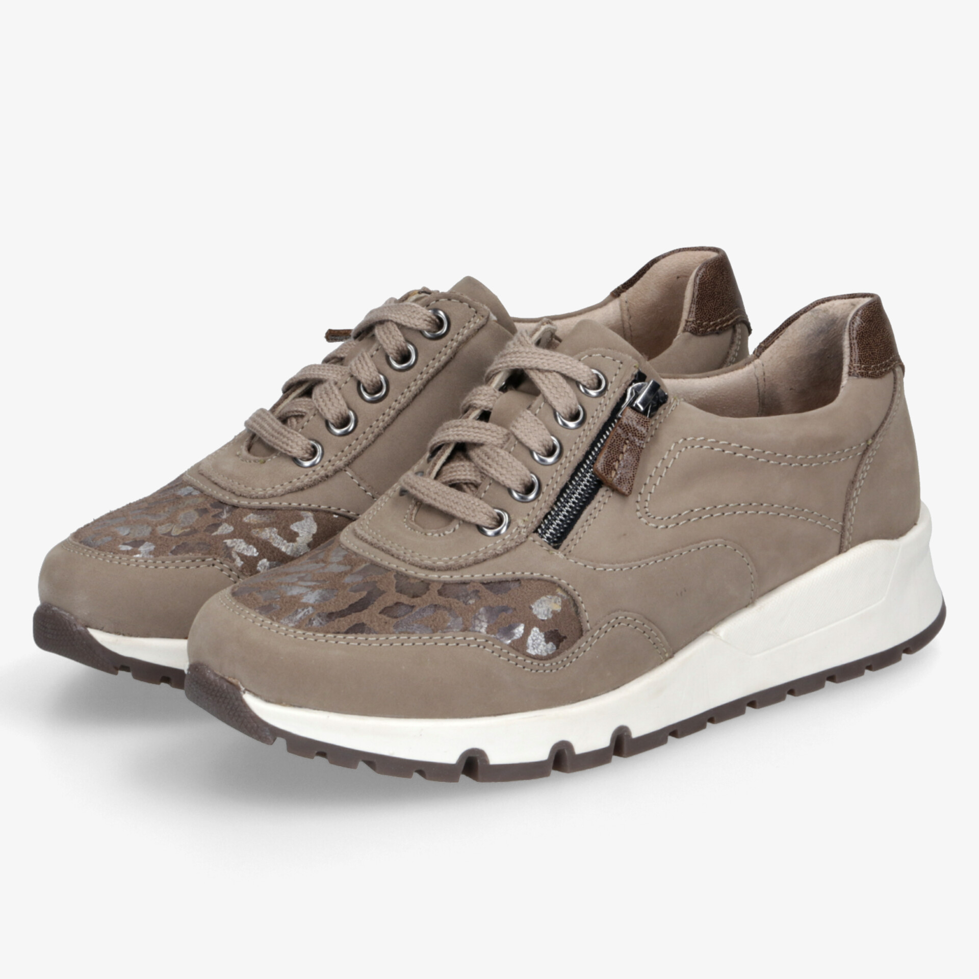 Moderne taupefarbene Sneaker mit praktischem Reißverschluss und gepolstertem Komfort für ganztägiges Tragen