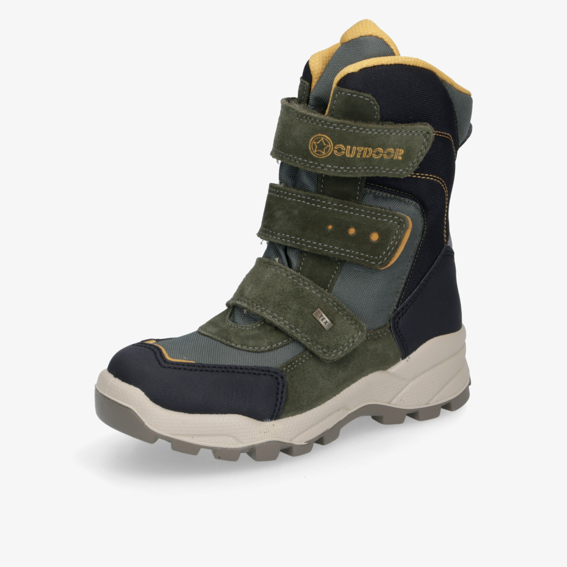 Robuster Winterstiefel in grün mit Klettverschluss, perfekt für kalte Wintertage und sicheres Gehen.