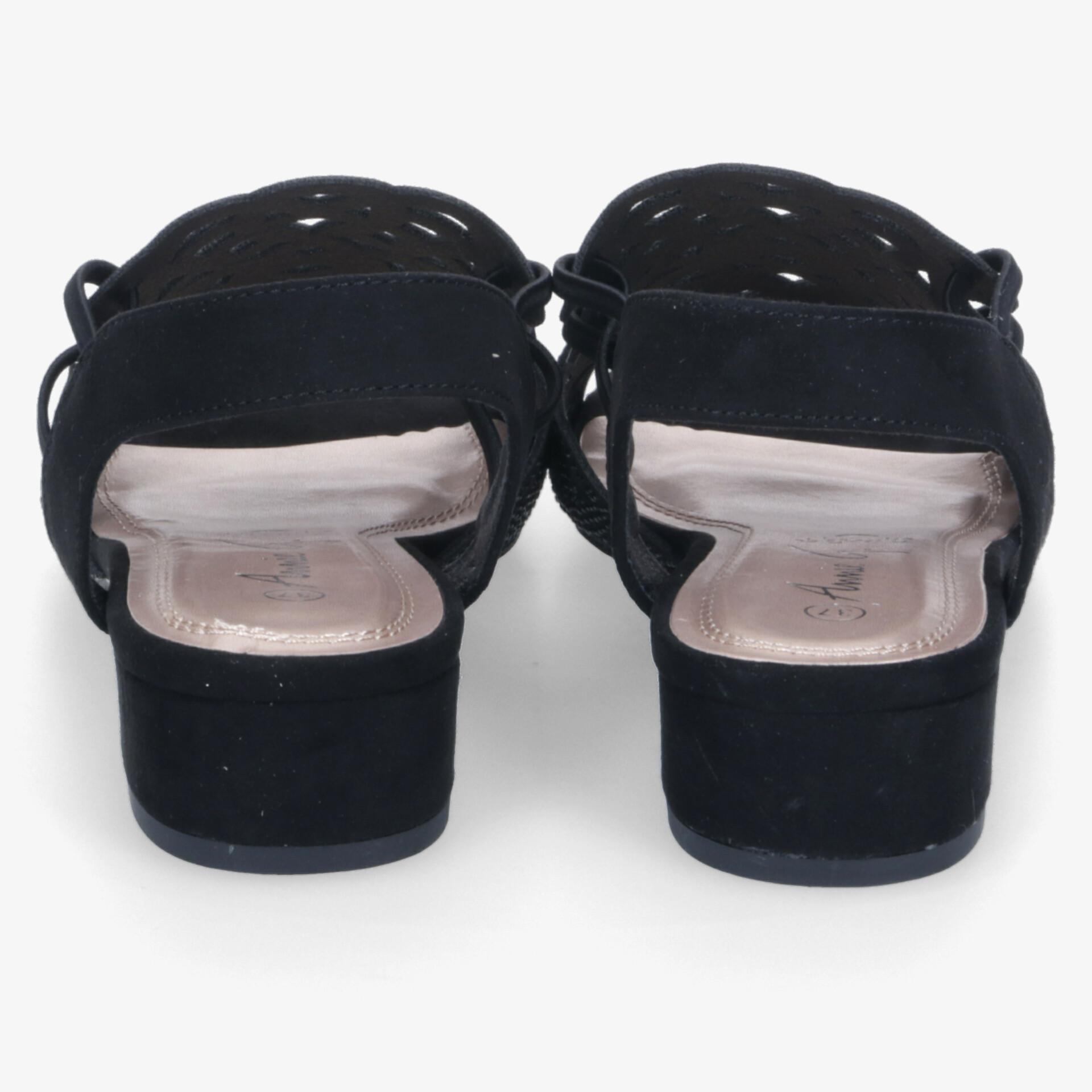 Schwarze Sandaletten mit bequemen Blockabsatz und offenem Fersenbereich, Rückansicht klar sichtbar