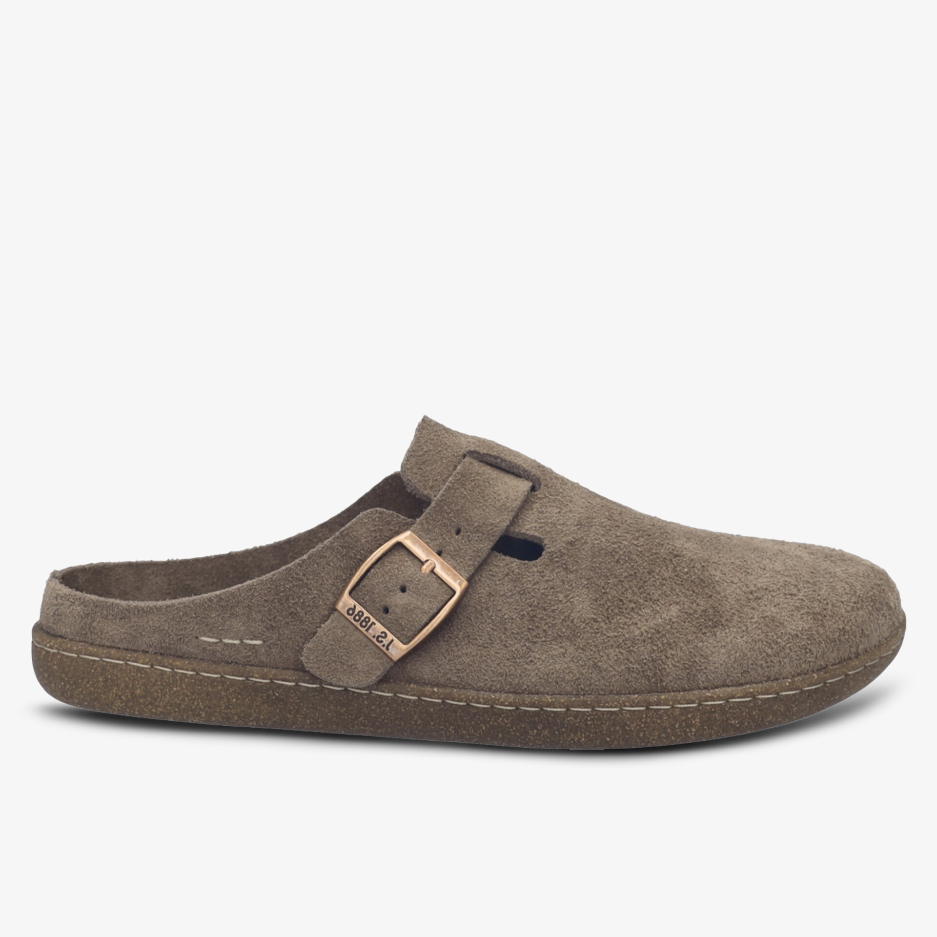 Bequemer Schuh aus hochwertigem Wildleder mit verstellbarem Riemen und rutschfester Sohle, seitliche Ansicht