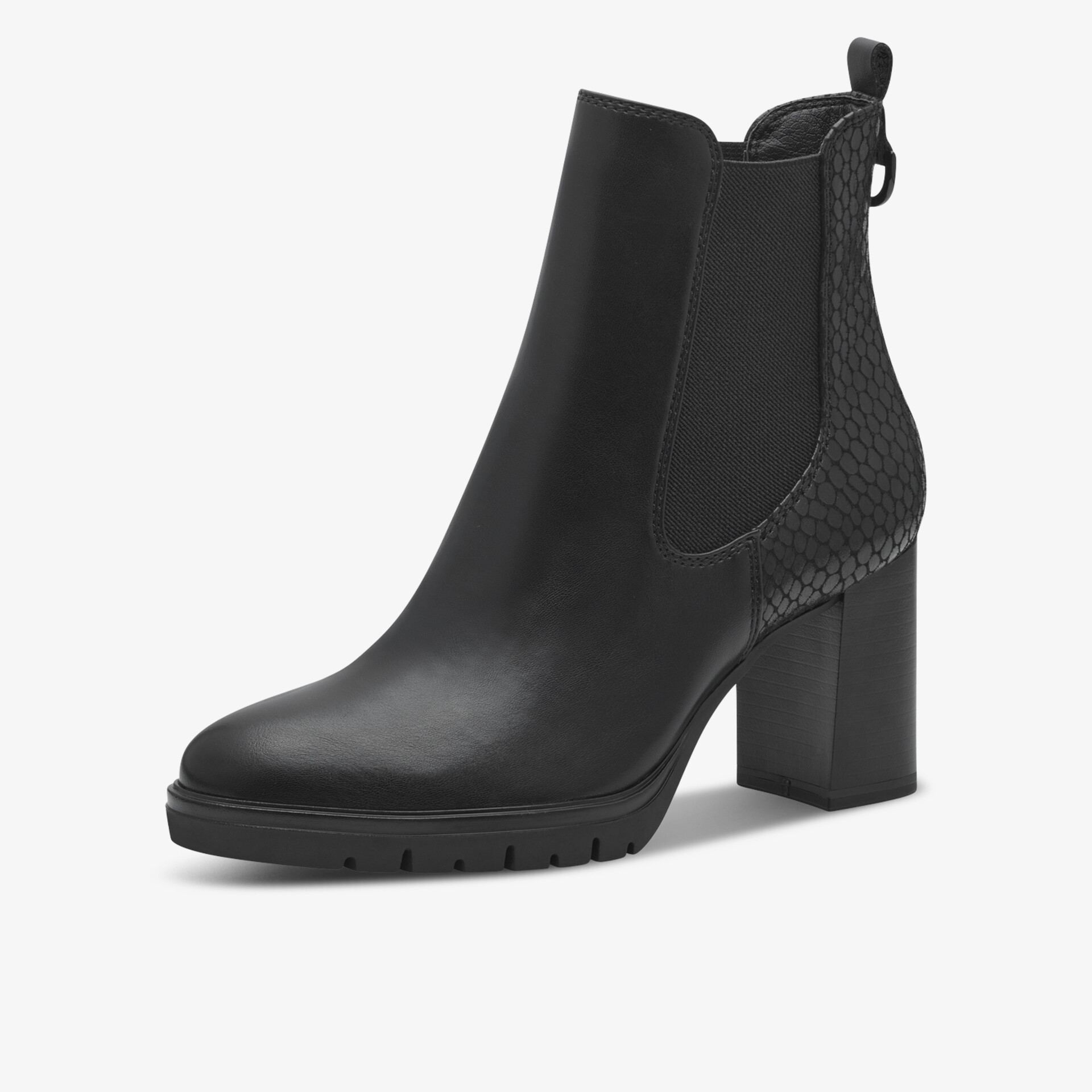 Eleganter schwarzer Stiefelette mit bequemem Blockabsatz und elastischen Einsätzen für guten Halt