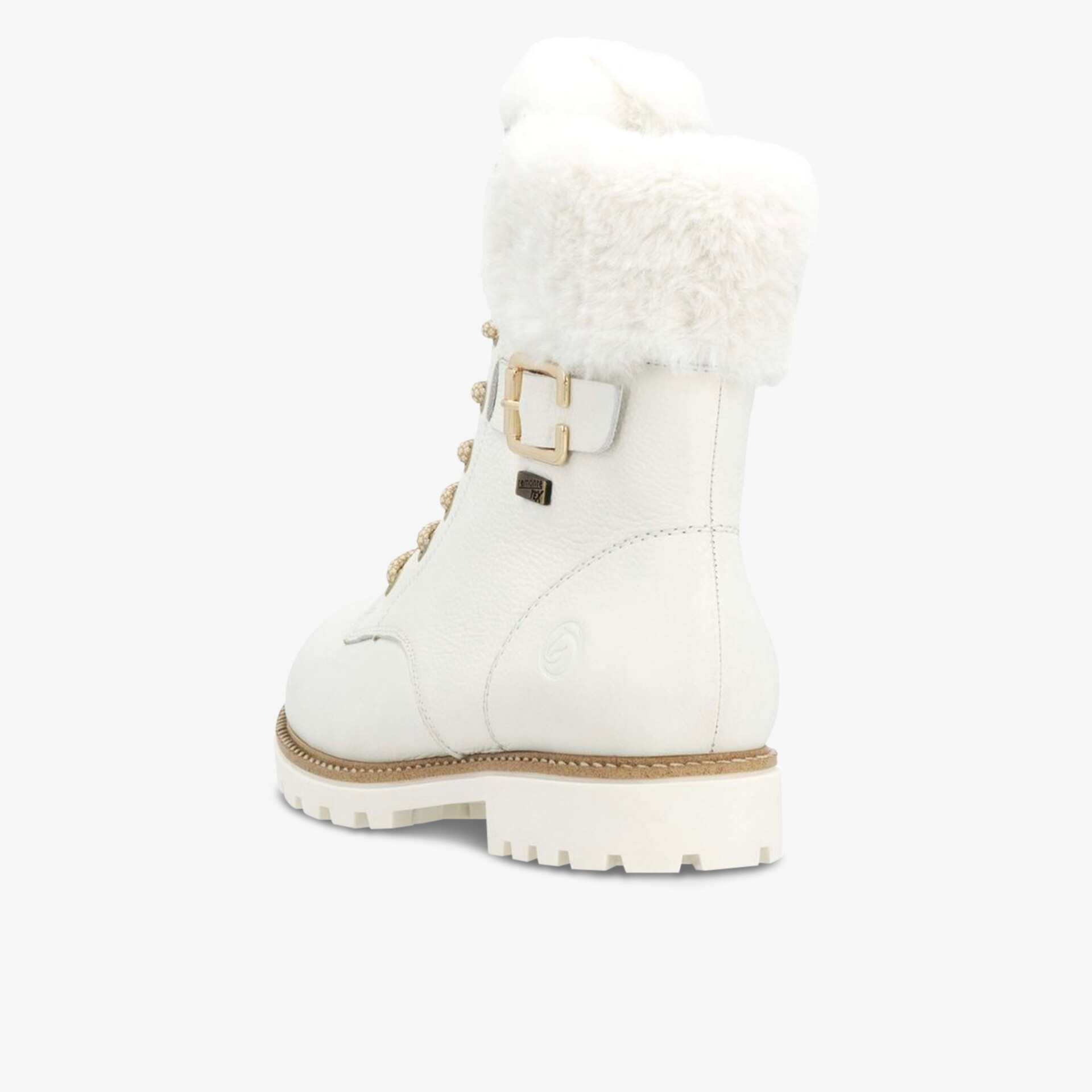 Warmer weißer Winterstiefel mit Schnallenverschluss und robustem Profil, ideal für kalte Tage