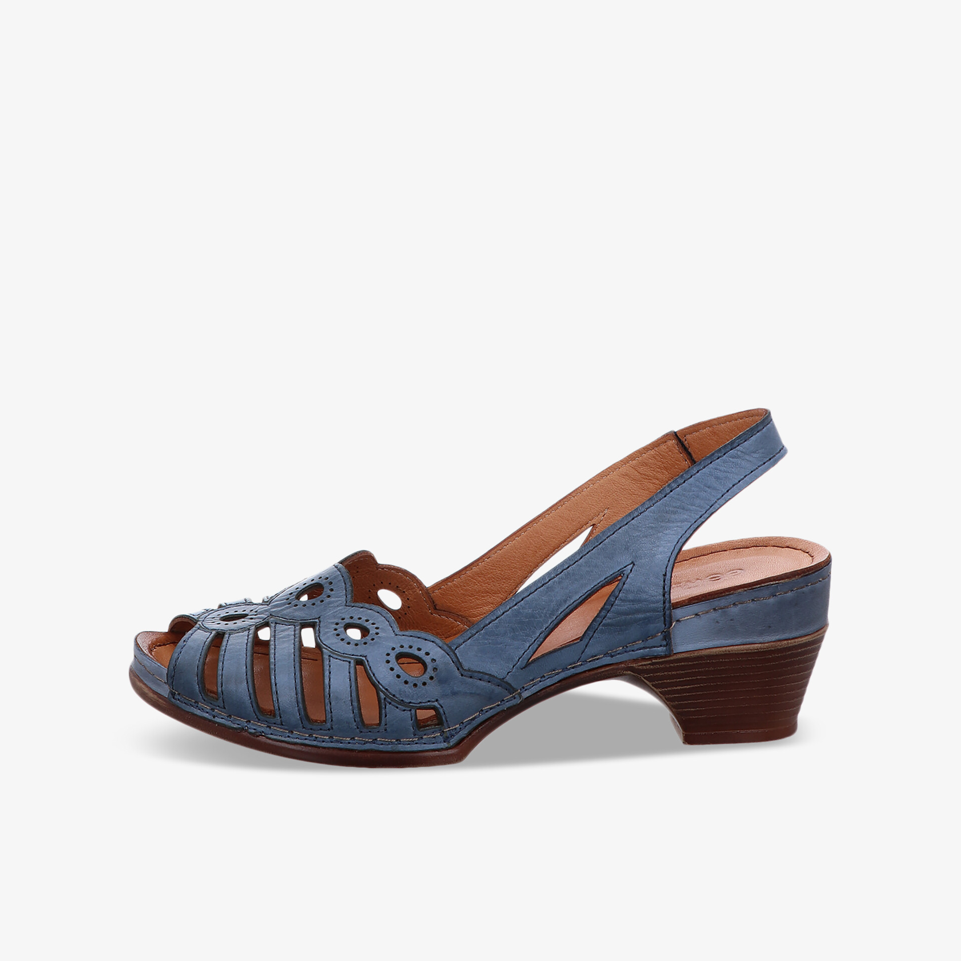 Blauer Ledersandal mit komfortablem Absatz und luftiger, eleganter Optik für hohen Tragekomfort