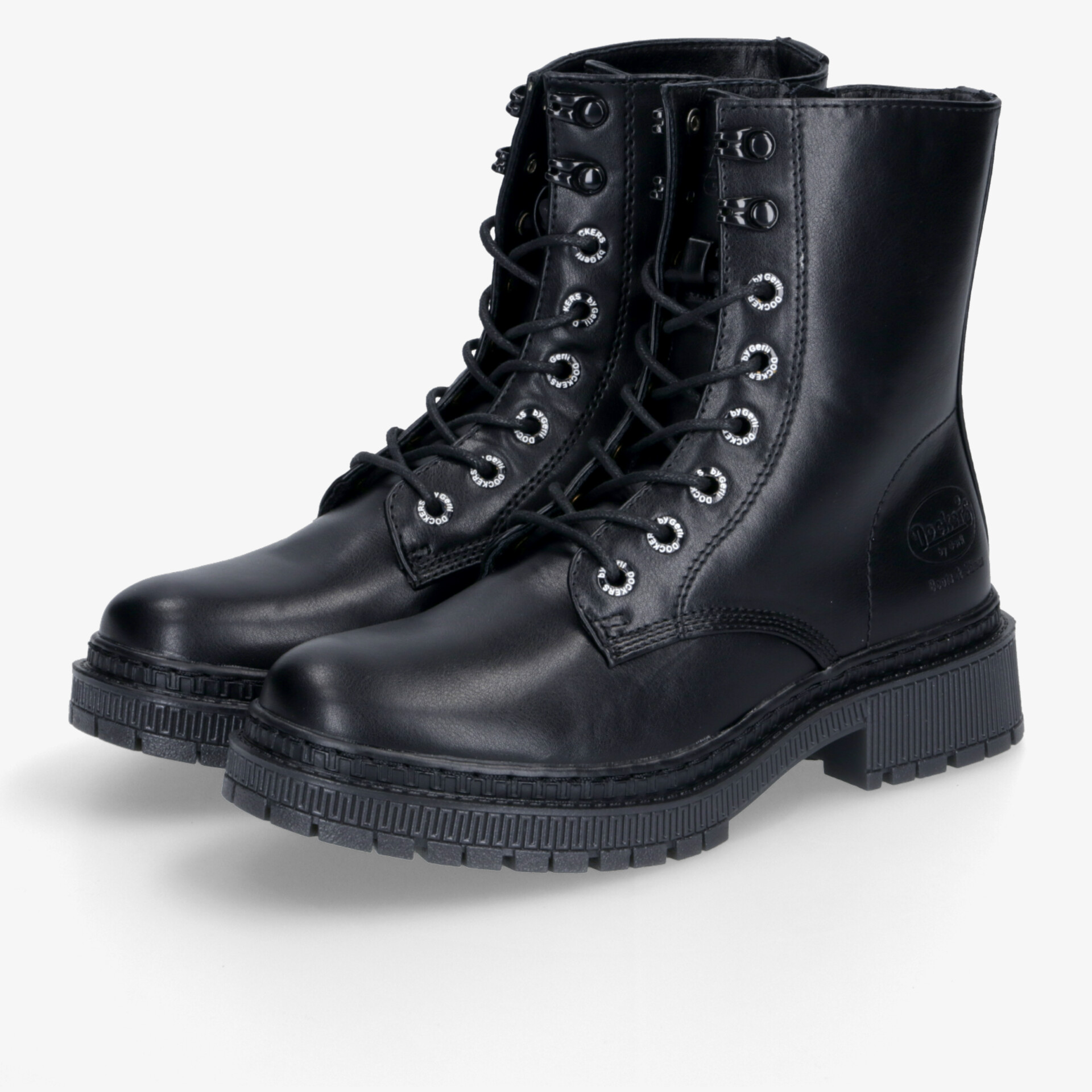 Robuste schwarze Lederschuhe mit stabiler Schnürung und stark profilierter Sohle, modisch und komfortabel