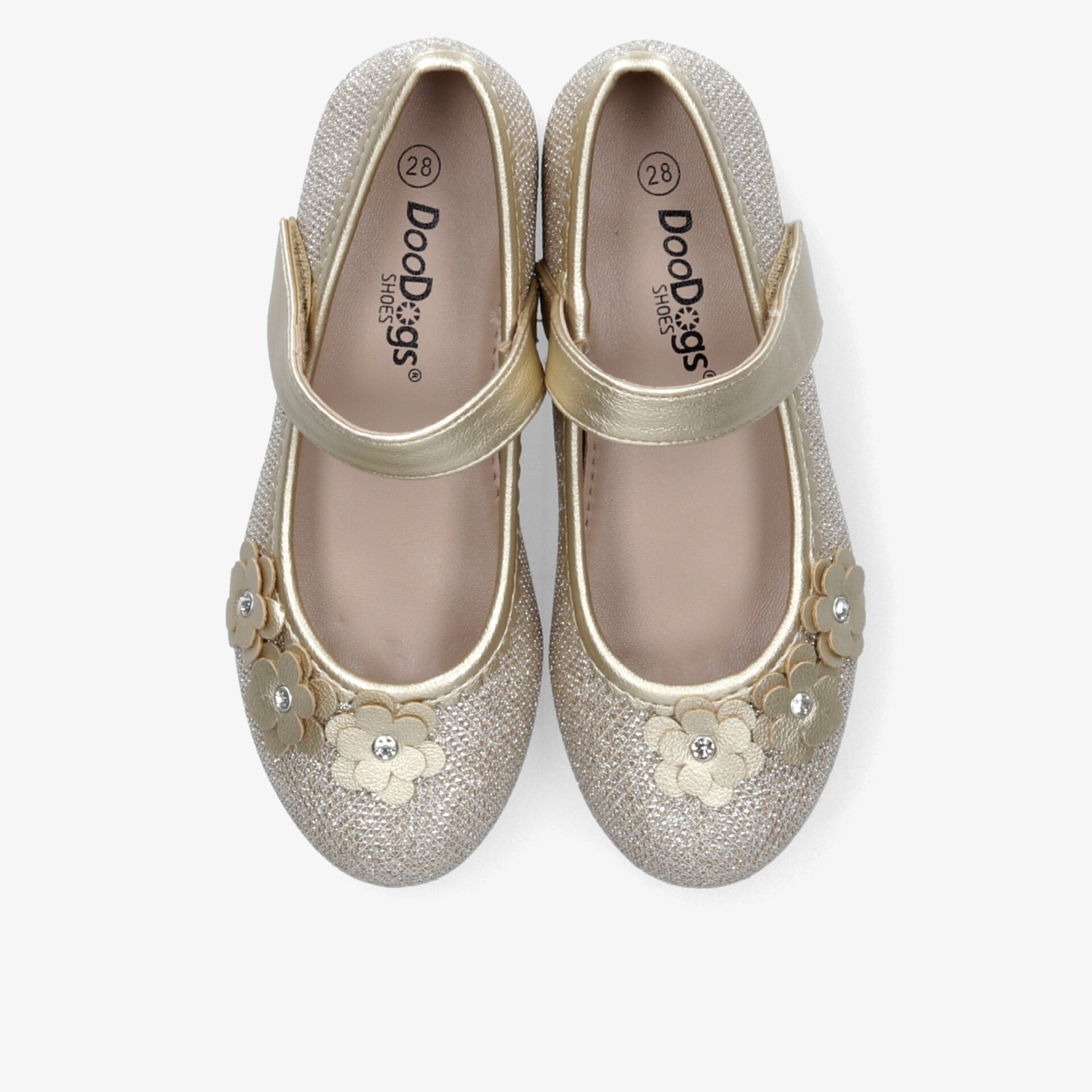 Goldene elegante Ballerinas mit Blumenverzierung, komfortabler Klettverschluss und weichem Innenfutter, Paaransicht