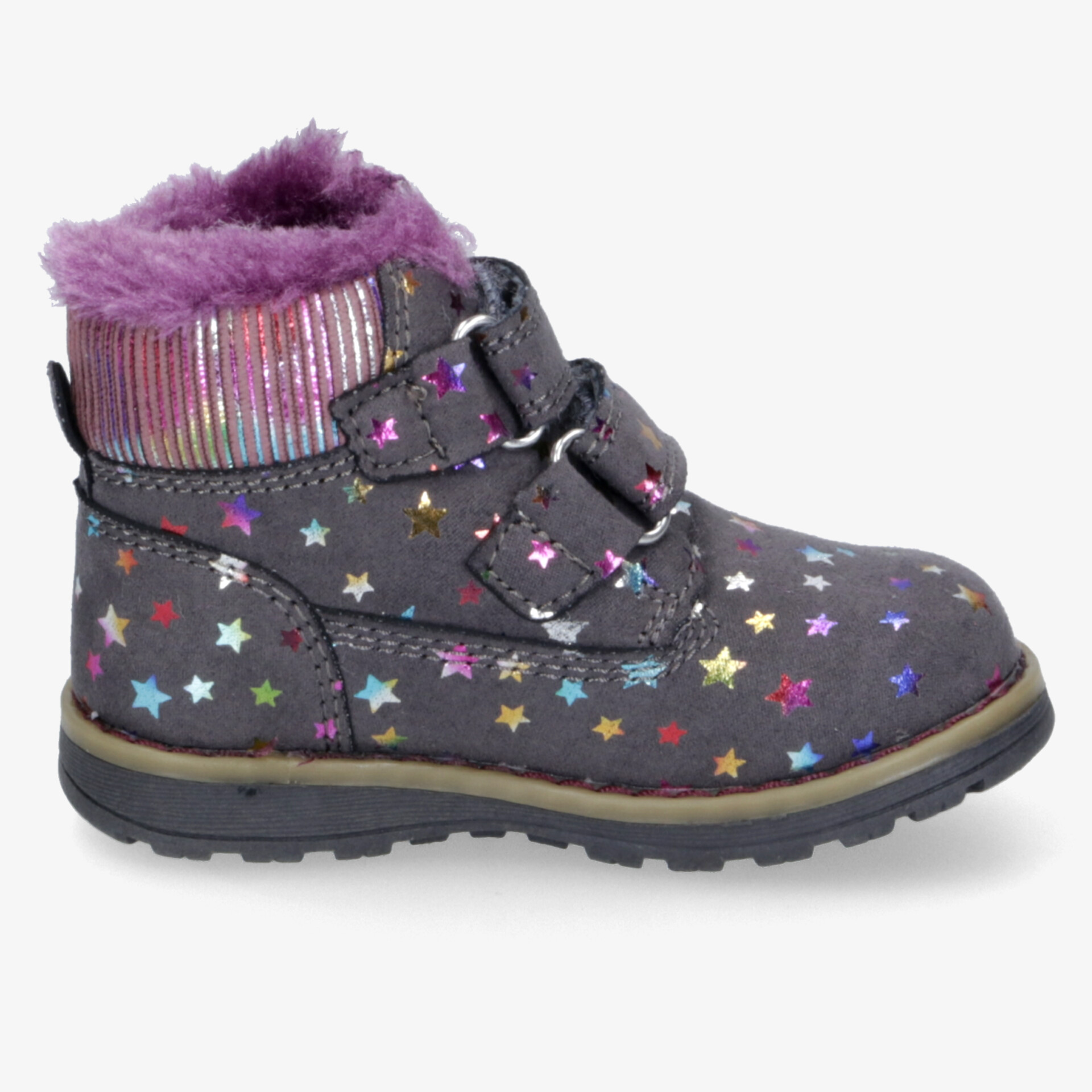 Seitliche Ansicht eines robusten Stiefels mit bunten Sternen, warmem lila Fellkragen und praktischem Klettverschluss