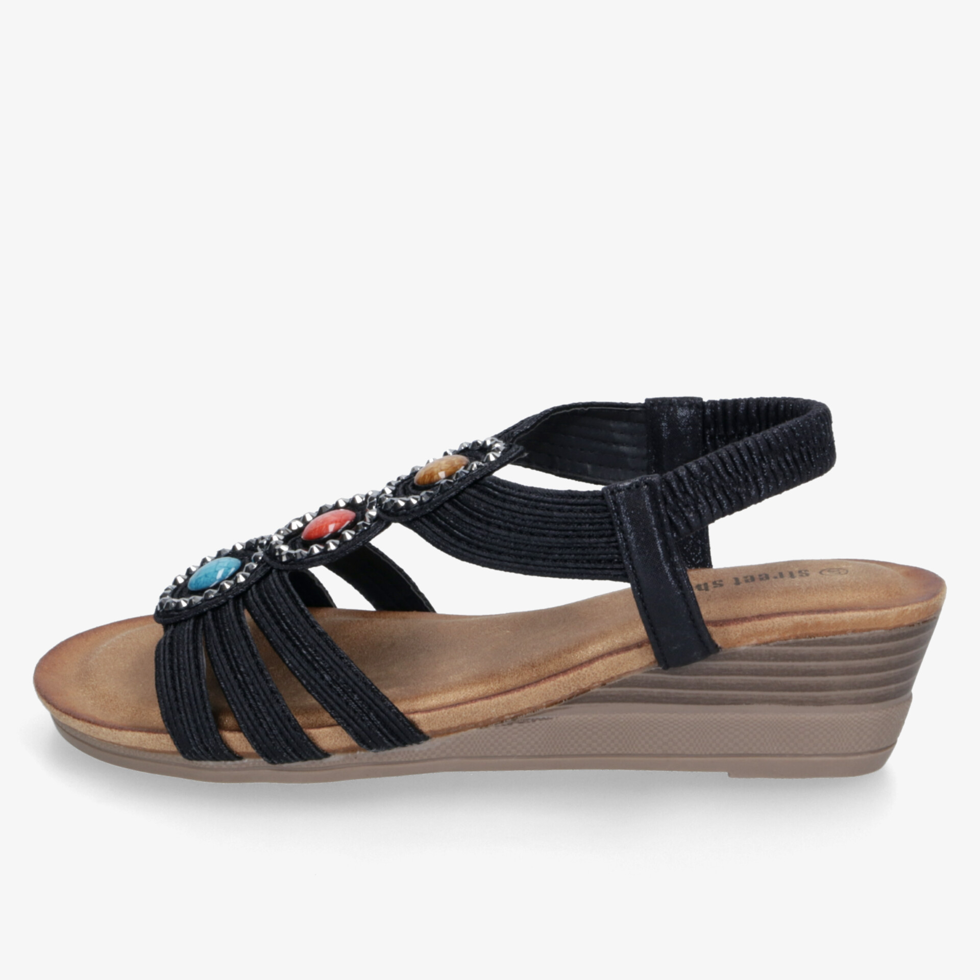 Schwarze Sandale mit Keilabsatz und verstellbarem Riemen, dekoriert mit farbigen Perlen, komfortabel und stilvoll