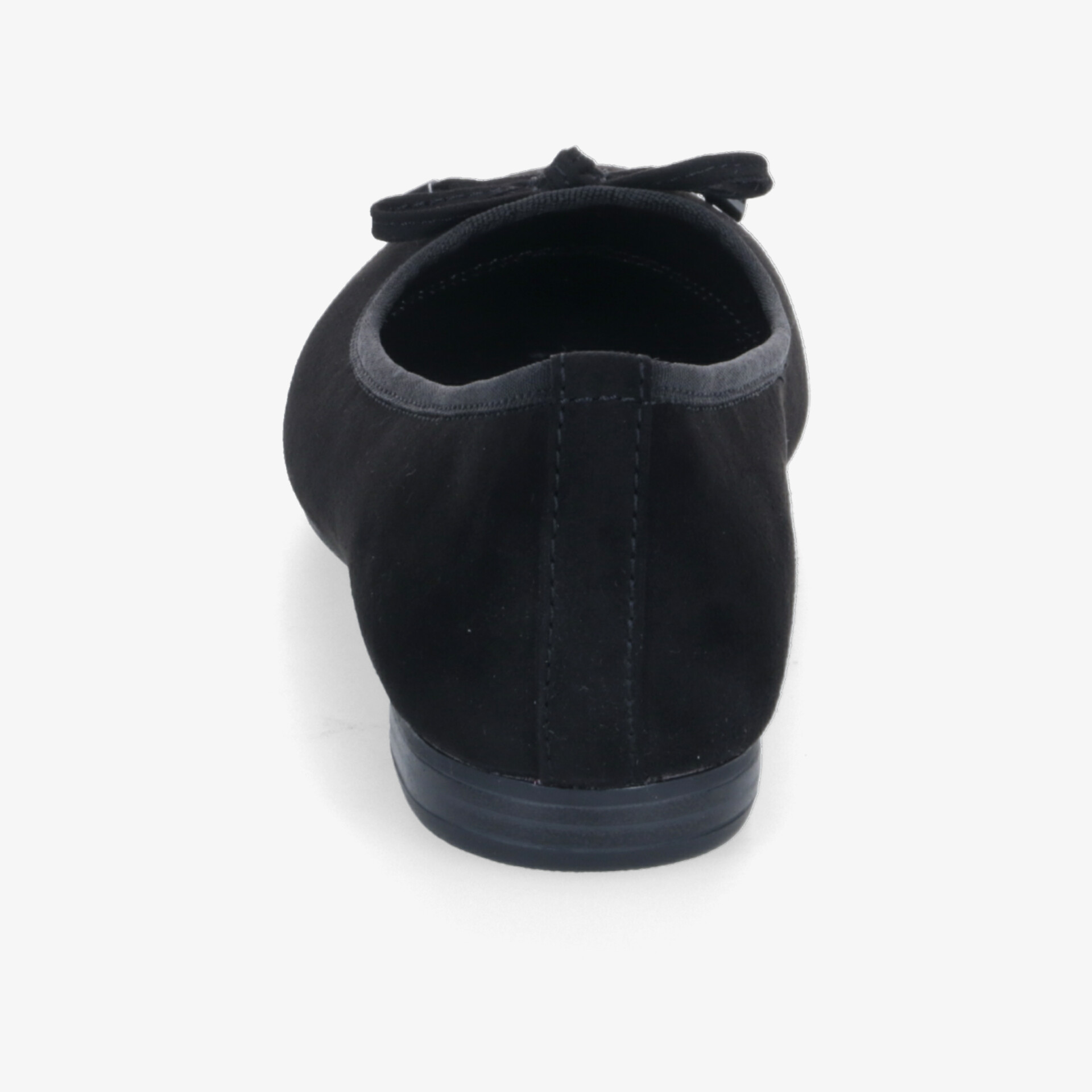 Eleganter schwarzer Samtschuh mit stilvoller Schleife und komfortabler Passform, Ansicht von hinten.