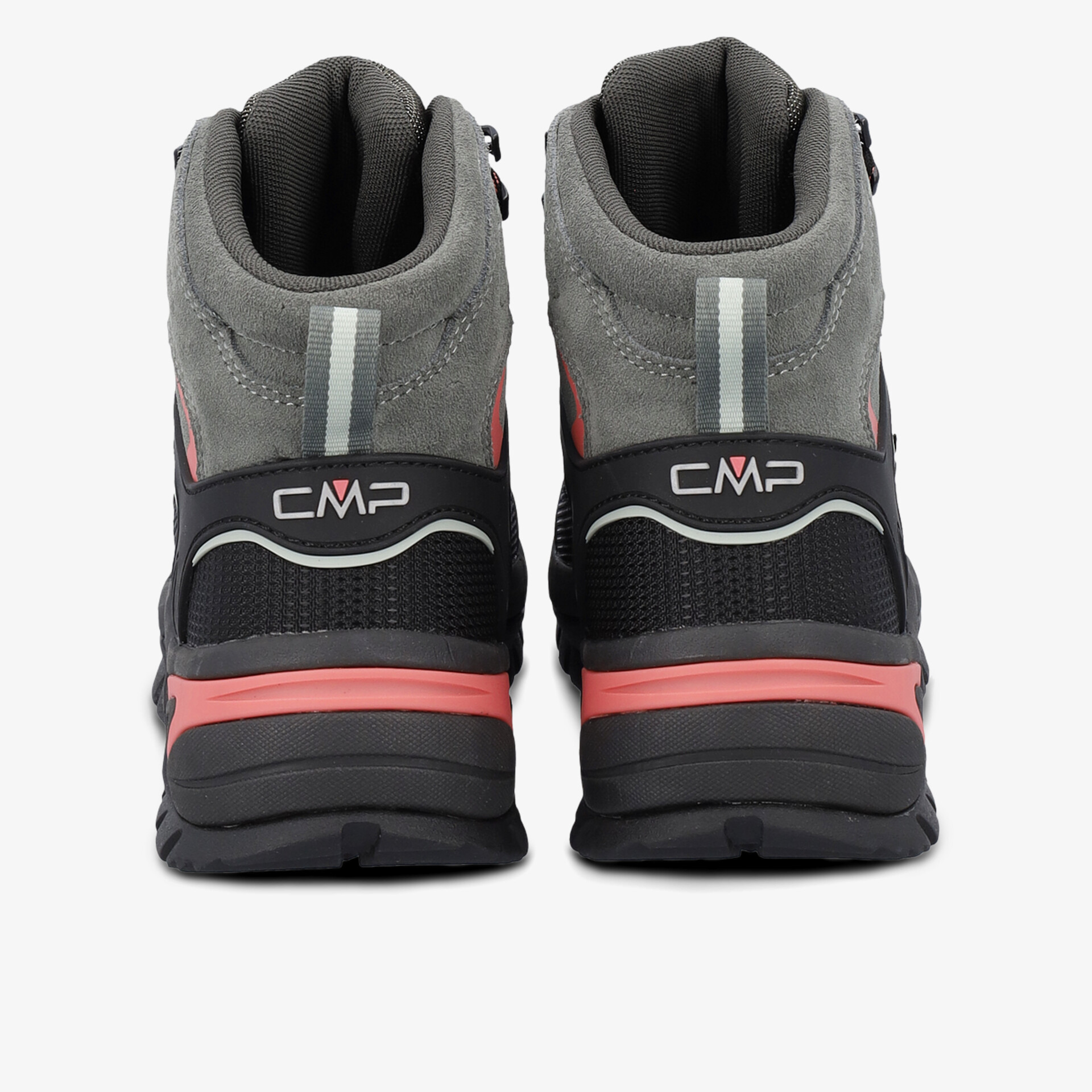 Schwarze und graue CMP Wanderschuhe mit rotem Akzent von hinten.