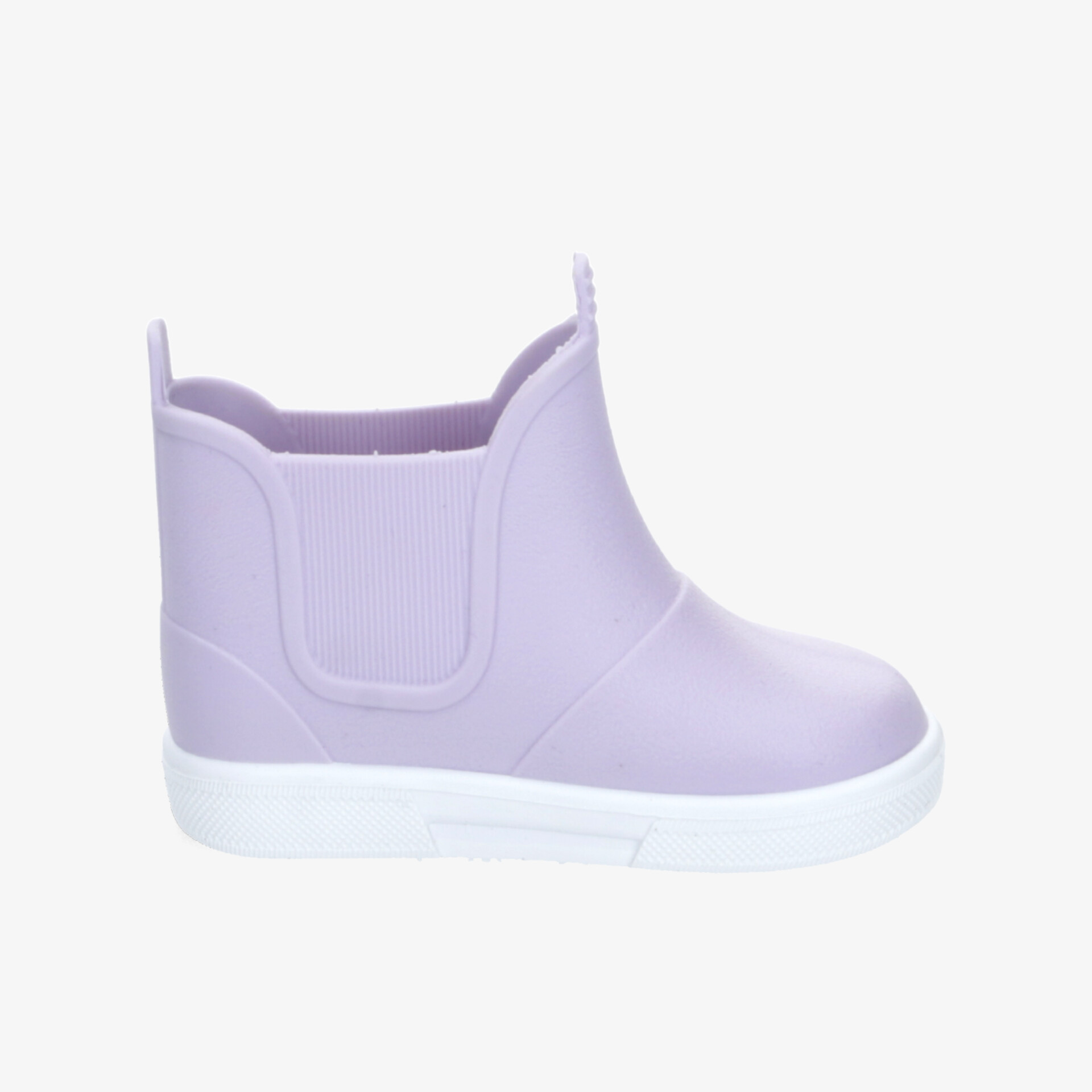 Leichter lila Regenstiefel mit elastischen Einsätzen, rutschfester Sohle und bequemem Schnitt, seitliche Ansicht