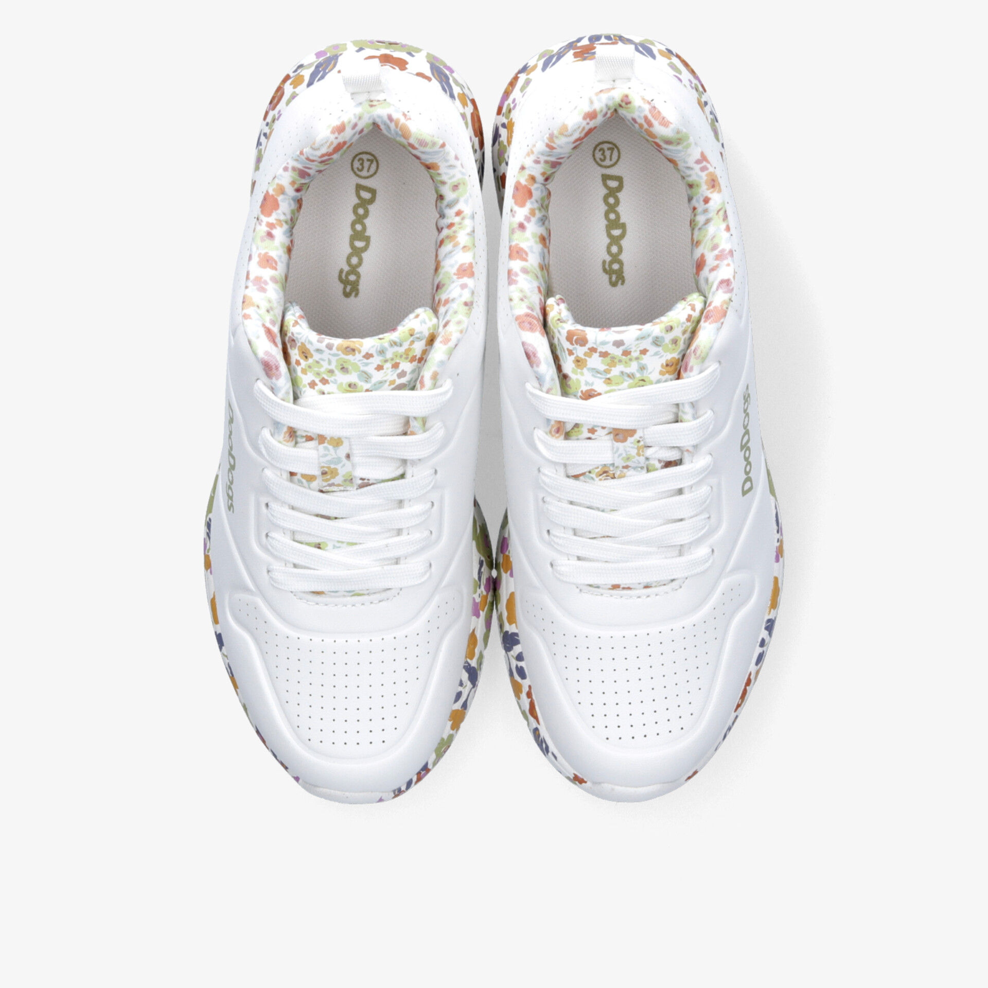 Leichte weiße Sportschuhe mit floralem Muster, atmungsaktiv und gepolstert für hohen Tragekomfort, Draufsicht