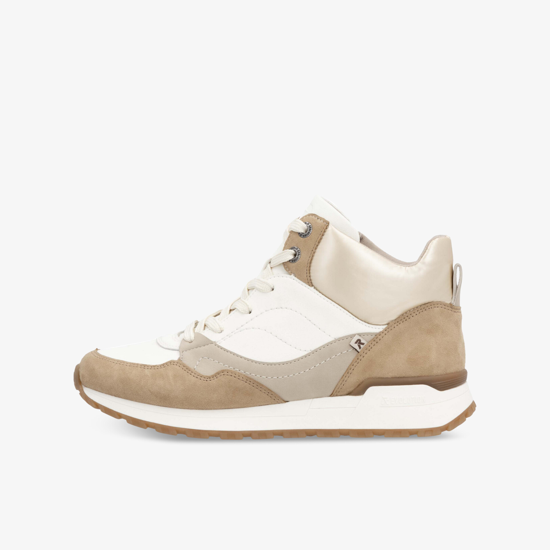 Seitliche Ansicht eines modischen und bequemen beige-weißen Sneakers mit Schnürsenkeln und rutschfester Sohle