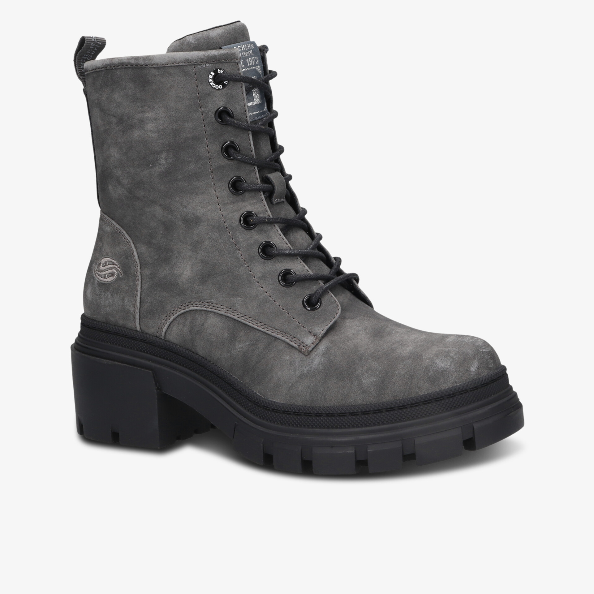 Grauer robuster Schnürstiefel mit Blockabsatz und profilierter Sohle, modernes Design, bequemer Tragekomfort