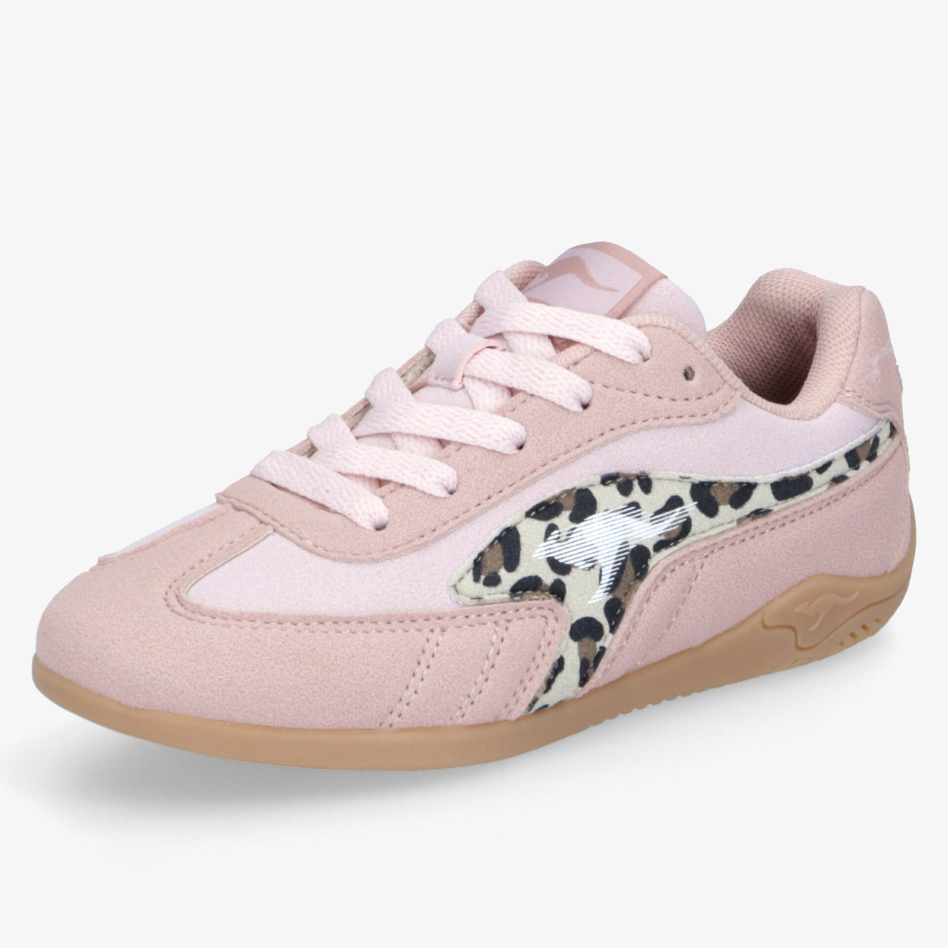 Rosa Sneaker mit Leopardenmuster seitlich gezeigt, bequemer und modischer Turnschuh mit gepolsterter Sohle