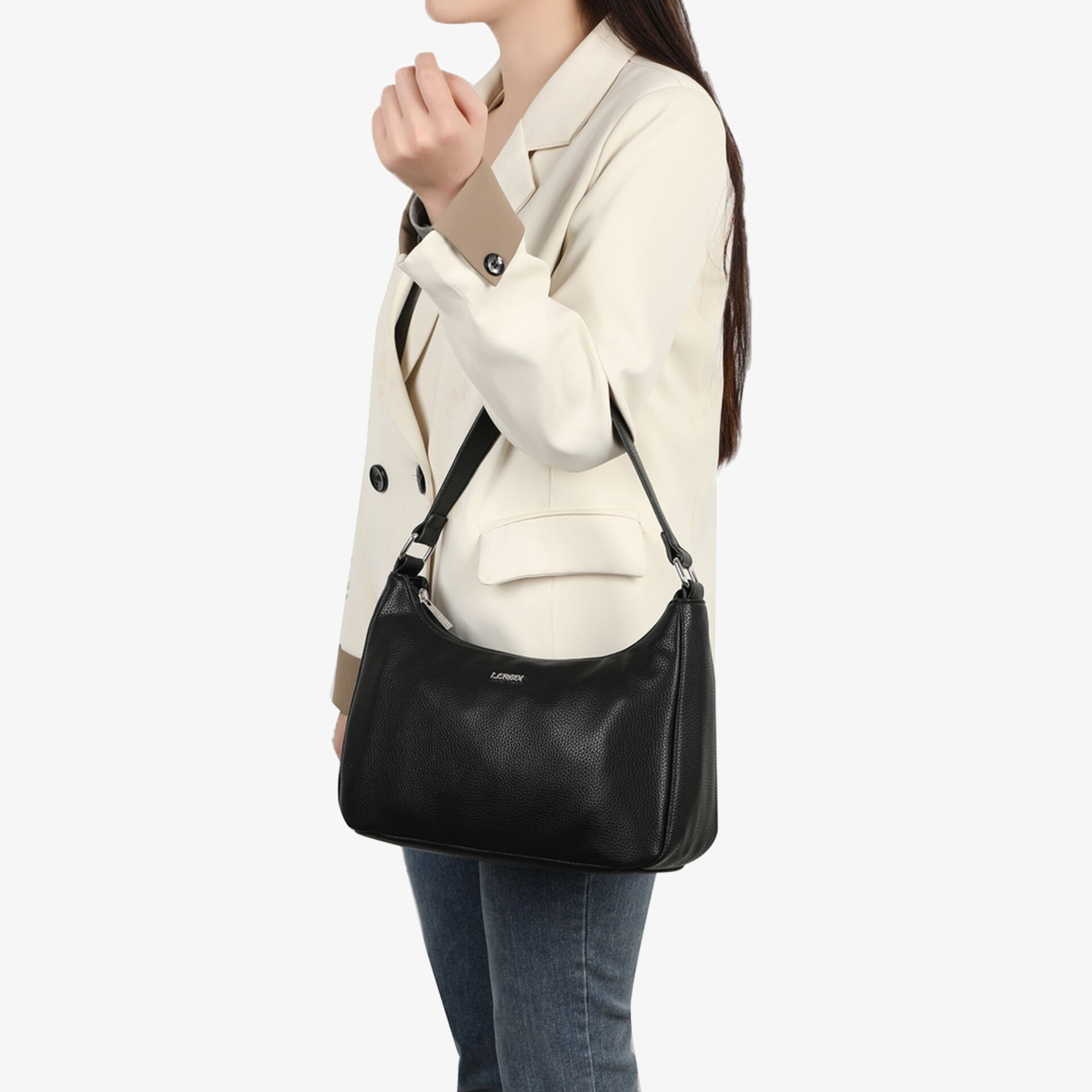 Elegante schwarze Schultertasche aus Leder mit schlichtem Design, ideal für den täglichen Gebrauch
