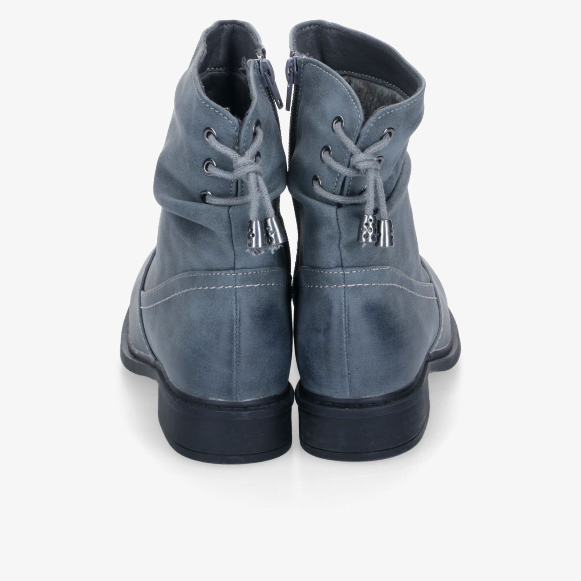 Robuste hohe Stiefeletten in dunklem Blau mit Schnürung und praktischem Reißverschluss, Ansicht von hinten