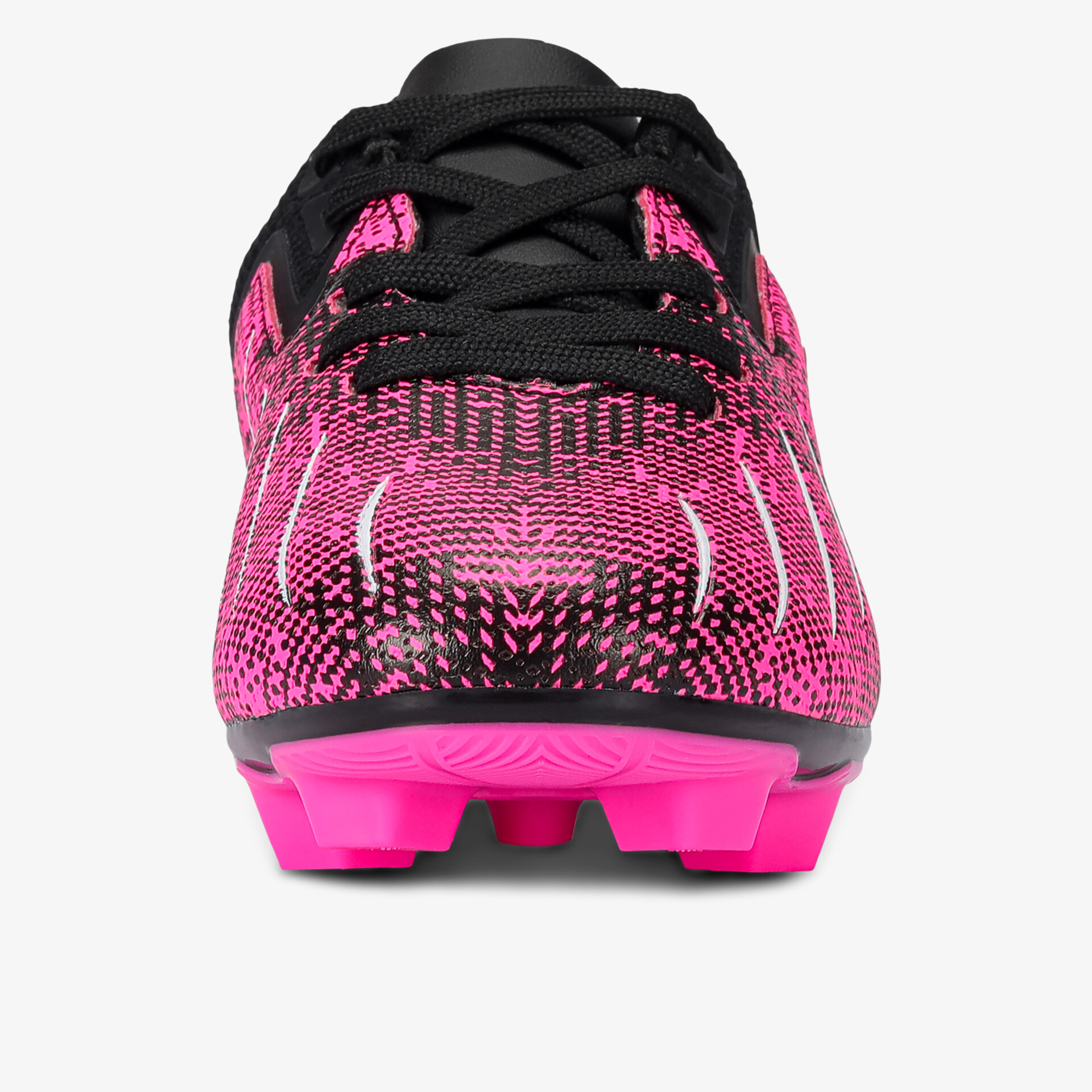 Fußballschuh in leuchtendem Pink mit schwarzer Schnürung und strapazierfähiger rutschfester Sohle, Frontansicht