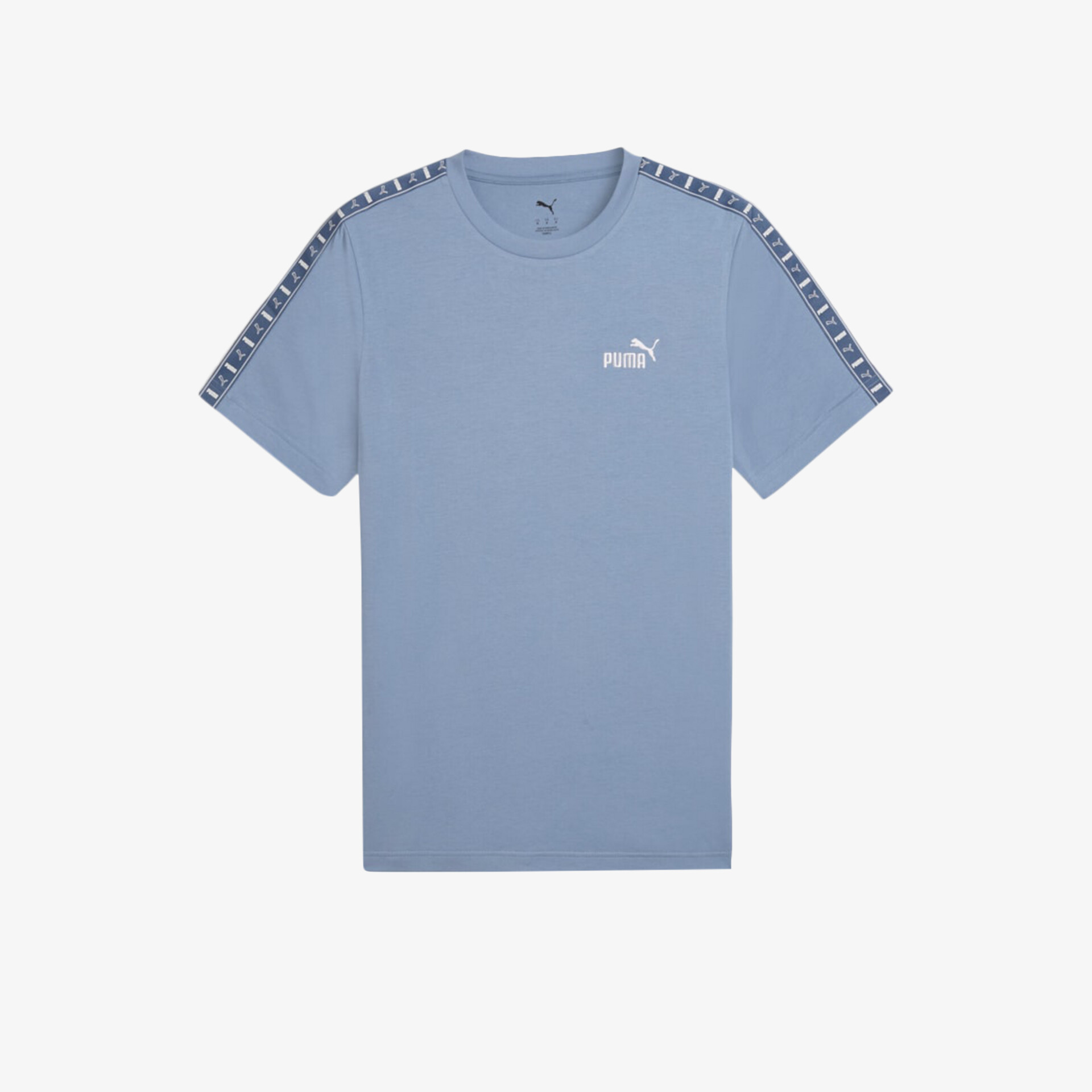 Blaues Sport-T-Shirt mit Rundhalsausschnitt, kurzen Ärmeln und kontrastierenden Schulterstreifen, Frontansicht