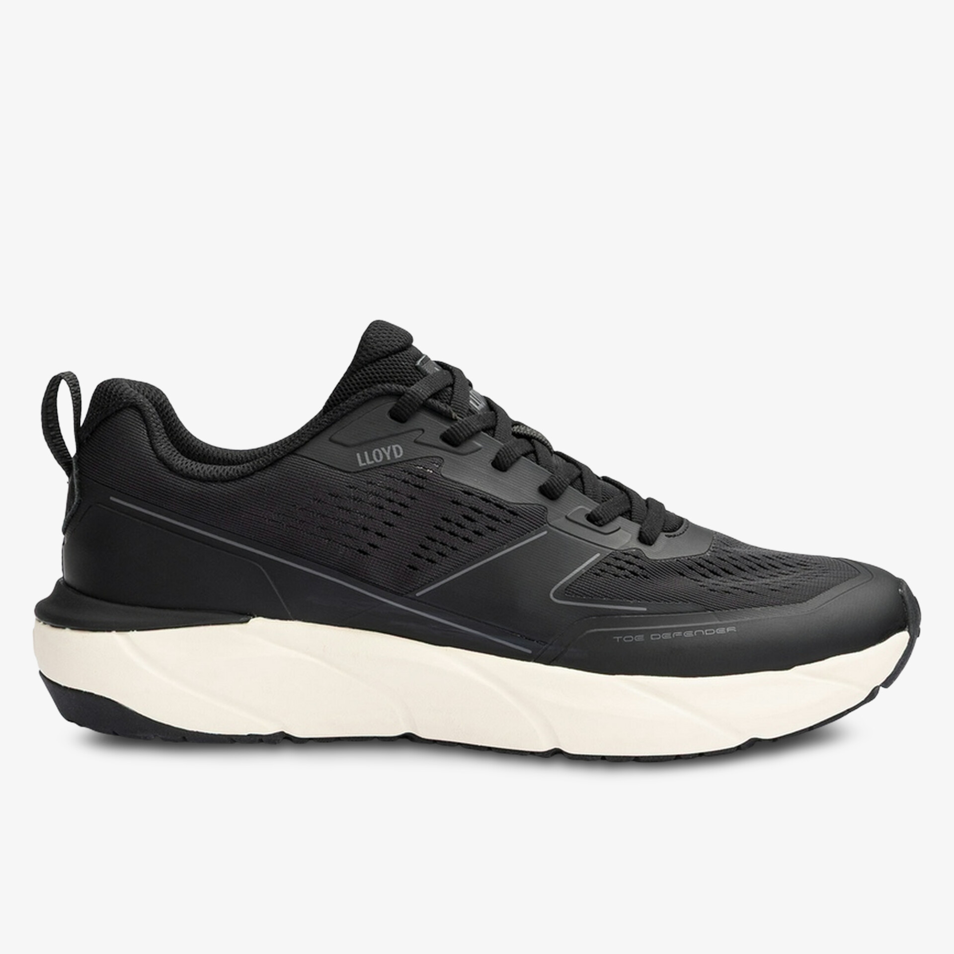 Moderne schwarze Sneakers mit heller Sohle. Bequeme Passform und atmungsaktives Material.