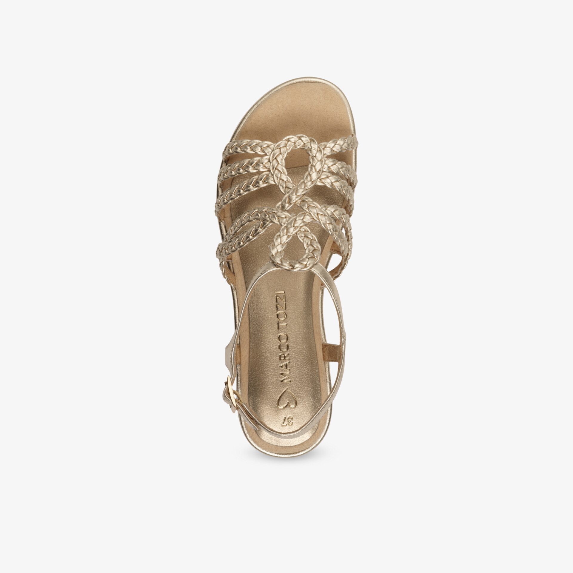 Goldfarbene Sandale mit verzierten Riemen und offener Zehenpartie, bequemer und eleganter Sommerschuh