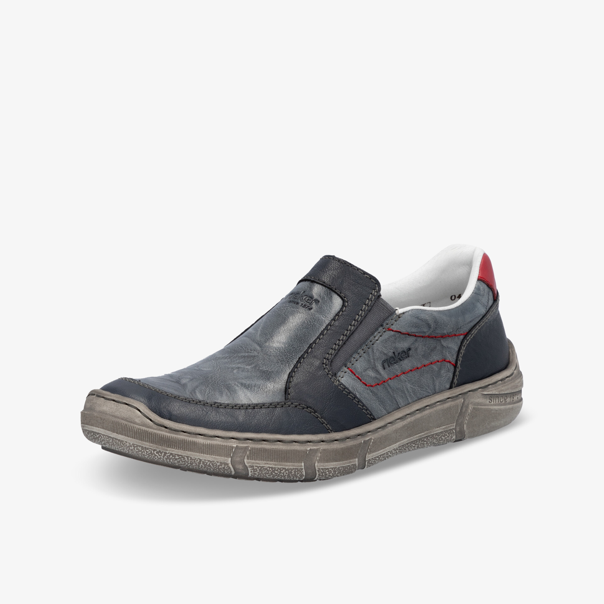 Bequemer schwarzer Halbschuh mit roten Akzenten, elastischem Einsatz und rutschfester brauner Sohle, seitliche Ansicht