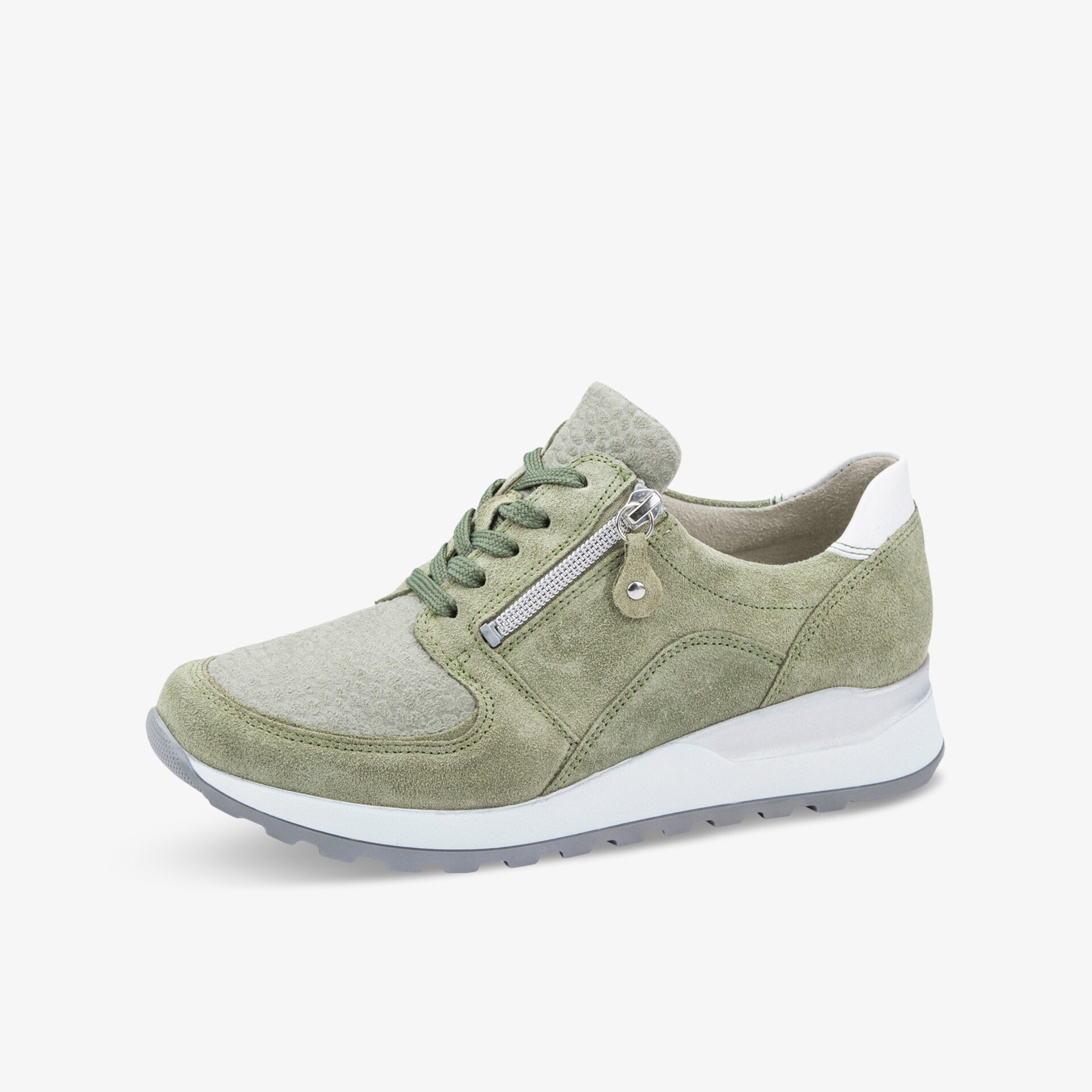 Grüner Sneaker mit Reißverschluss, gepolstertem Schaft und rutschfester Sohle, bequemer und sportlicher Schuh
