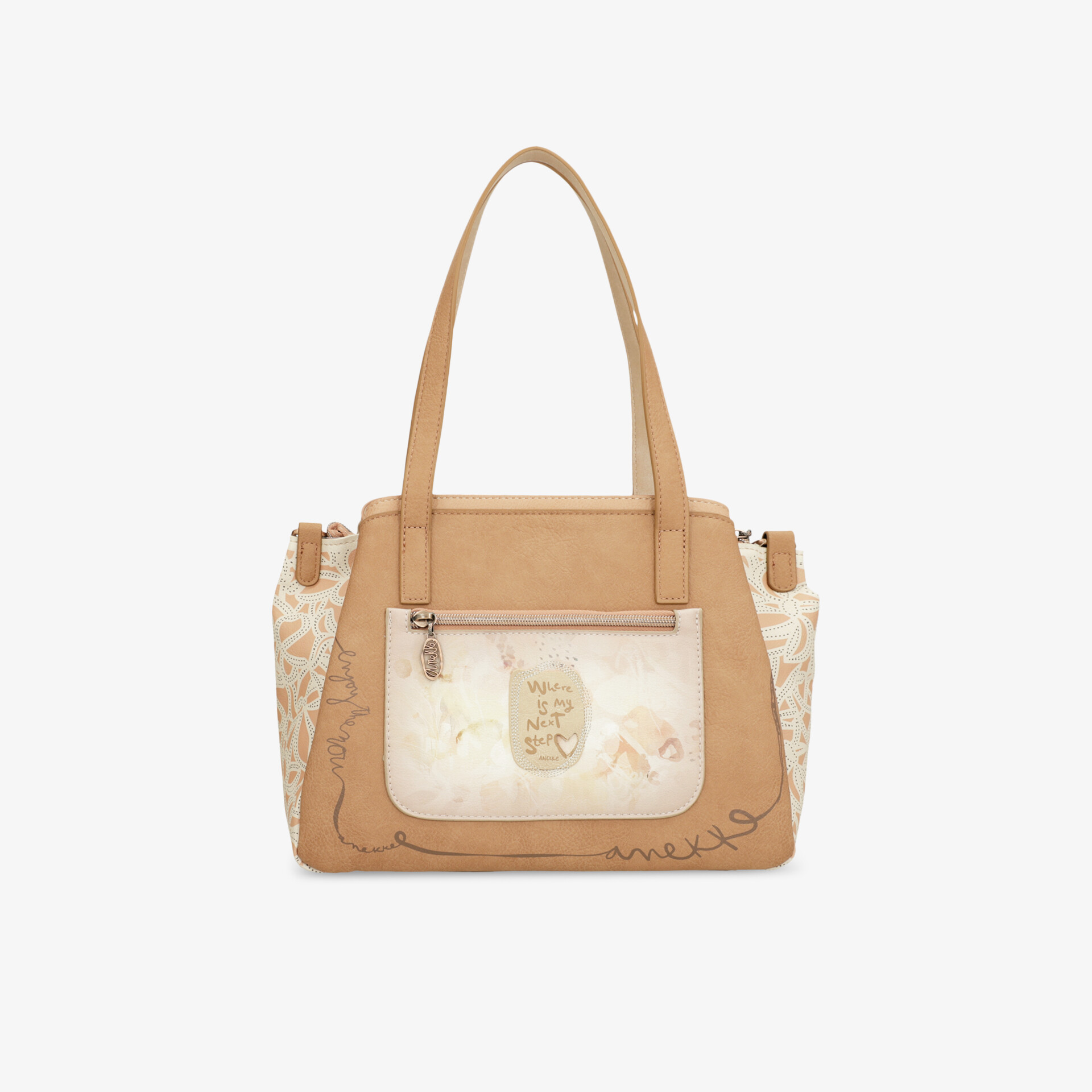Elegante beige Handtasche in Frontansicht mit geräumigem Innenraum und dekorativem Logo für vielseitige Nutzung