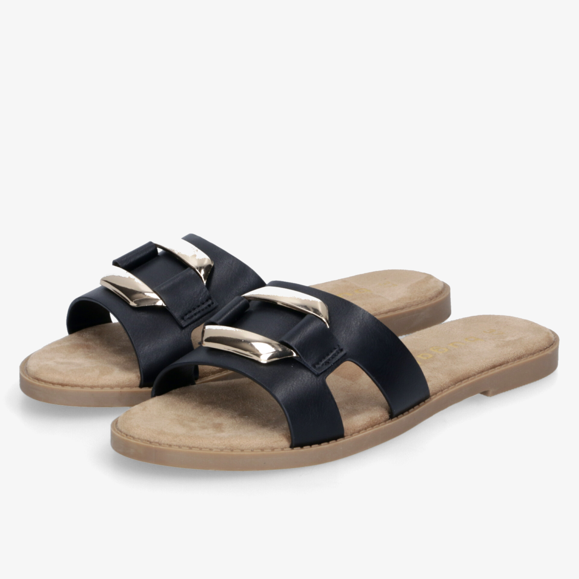 Elegante blaue Sandalen mit zwei goldenen Schnallen und flacher bequemer Sohle, offen und leicht