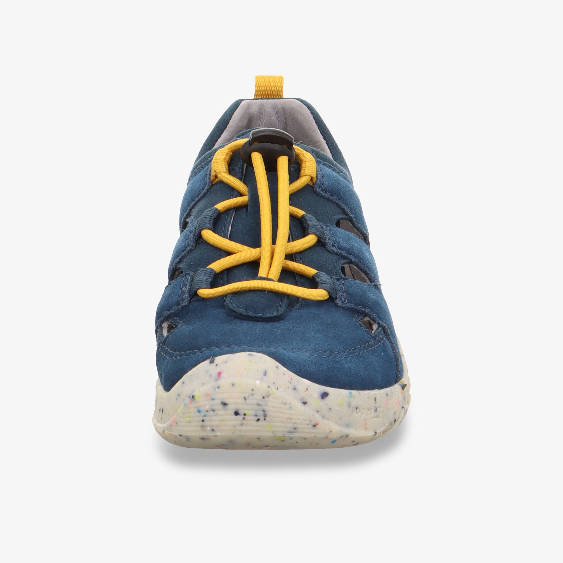 Blauer Sneaker mit gelben Schnürsenkeln und leichter, bequemer Sohle frontal zu sehen