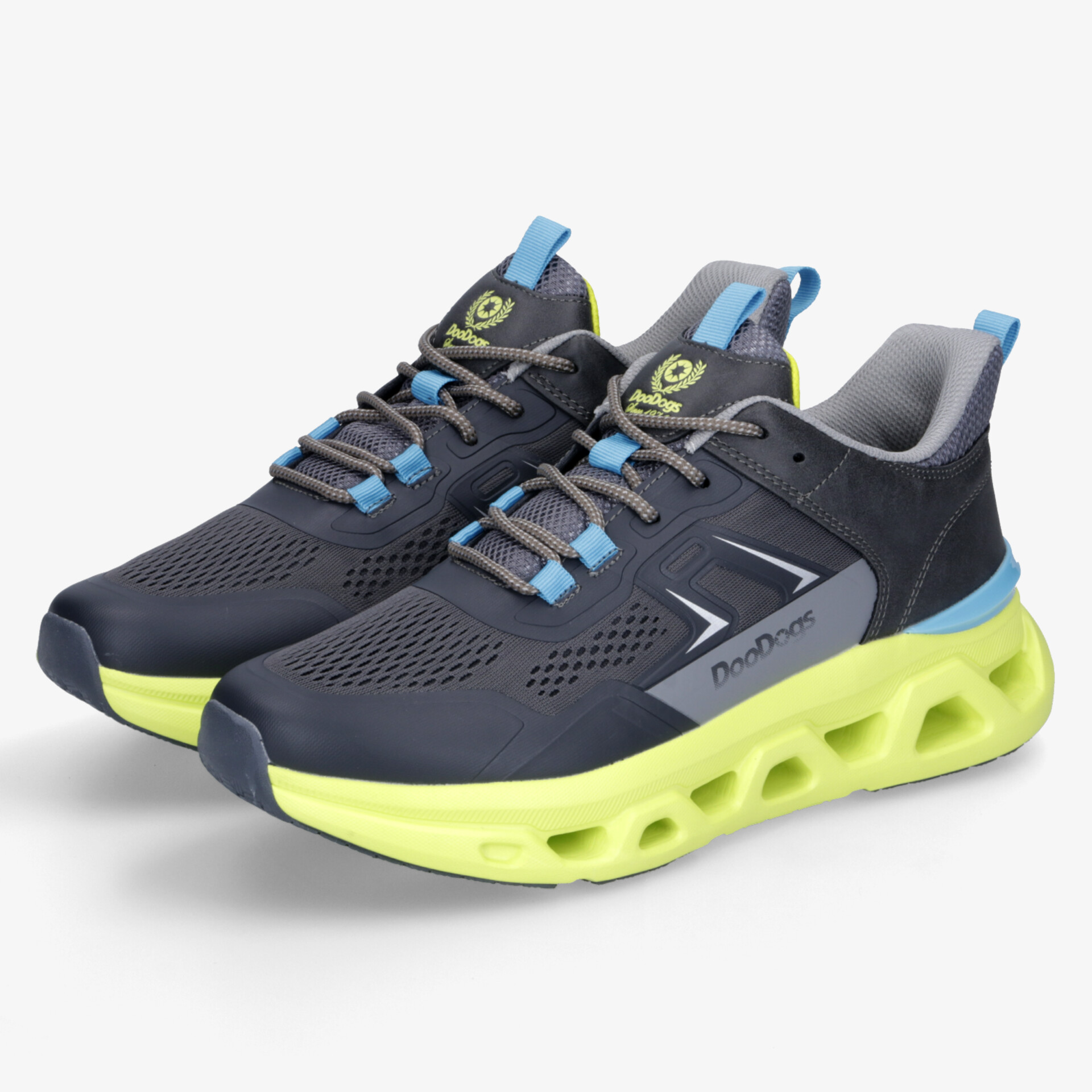 Moderner Sportschuh in Schwarz mit neongrünem, stoßdämpfendem Sohlenprofil, atmungsaktiv und komfortabel